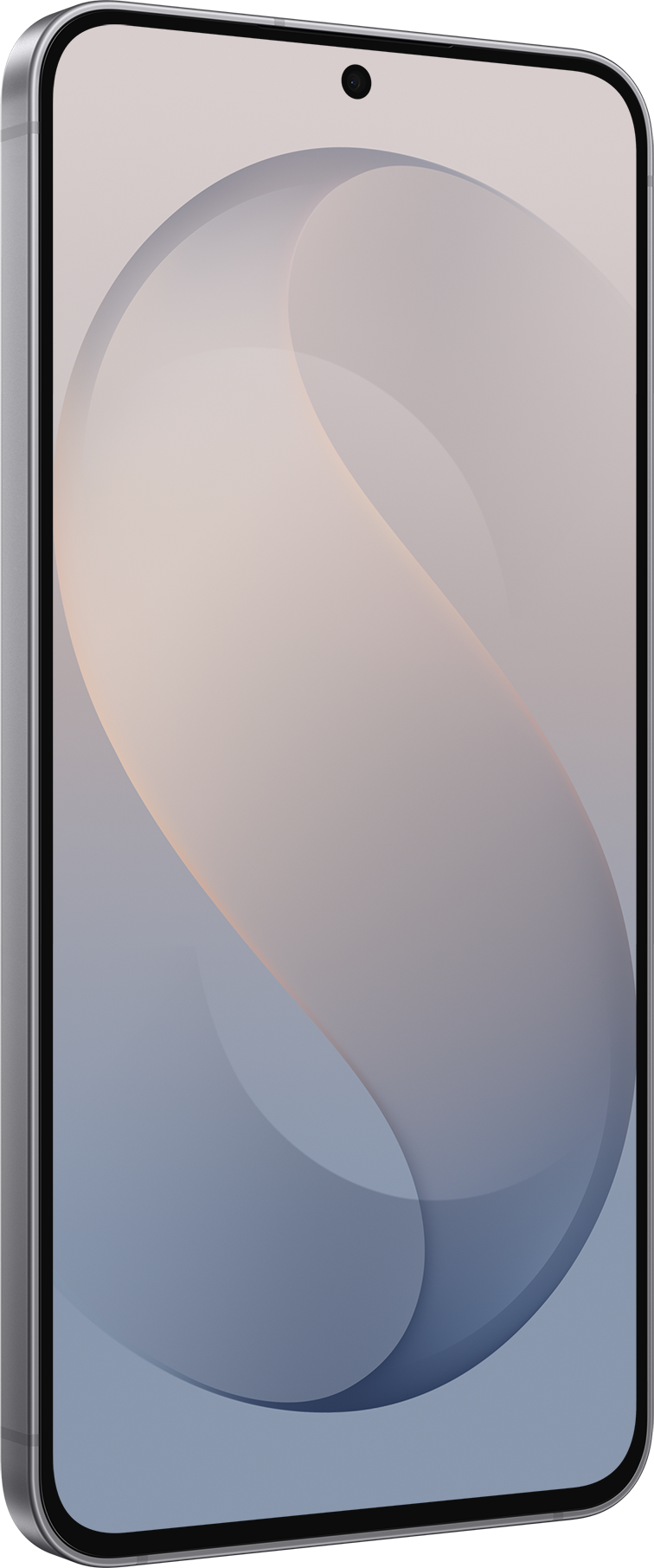 Vista frontale di un moderno smartphone con un motivo di sfondo grigio astratto a forma di S sullo schermo.