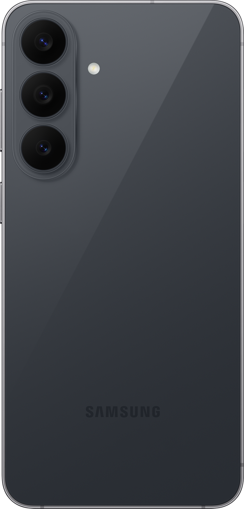 Retro di uno smartphone Samsung grigio con tre fotocamere verticali in alto a sinistra e il logo in basso.