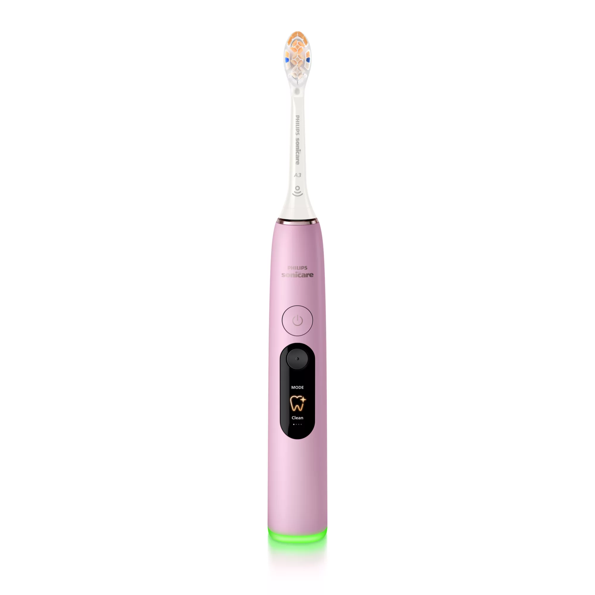 Rózsaszín Philips Sonicare elektromos fogkefe digitális kijelzővel és világító zöld gyűrűvel az alján fehér alapon.