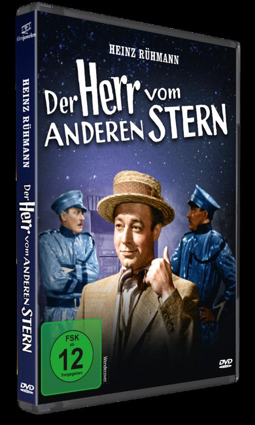 DVD-Hülle von Der Herr vom anderen Stern mit Heinz Rühmann und zwei blau uniformierten Männern vor Sternenhimmel.