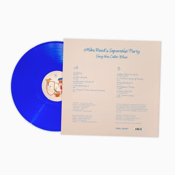 Blaue Schallplatte neben einer Tracklist von Mike Reed's Separatist Party auf weißem Hintergrund.