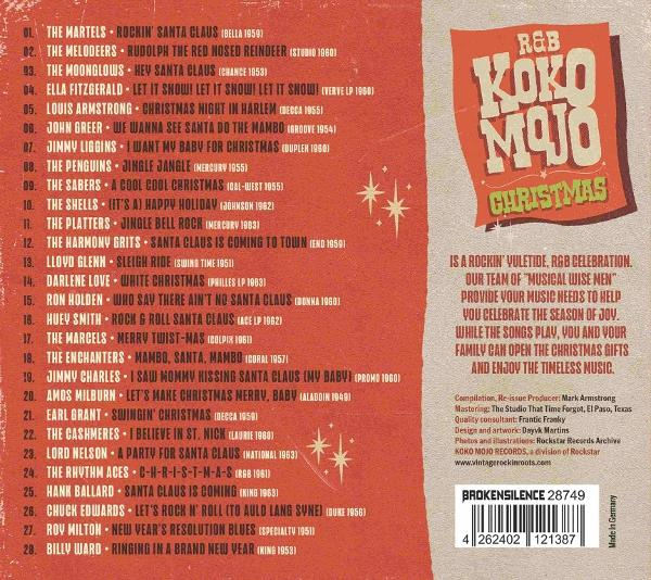 Rückseite des Musikalbums R&B Koko Mojo Christmas mit Songliste auf rotem und beigem Hintergrund.