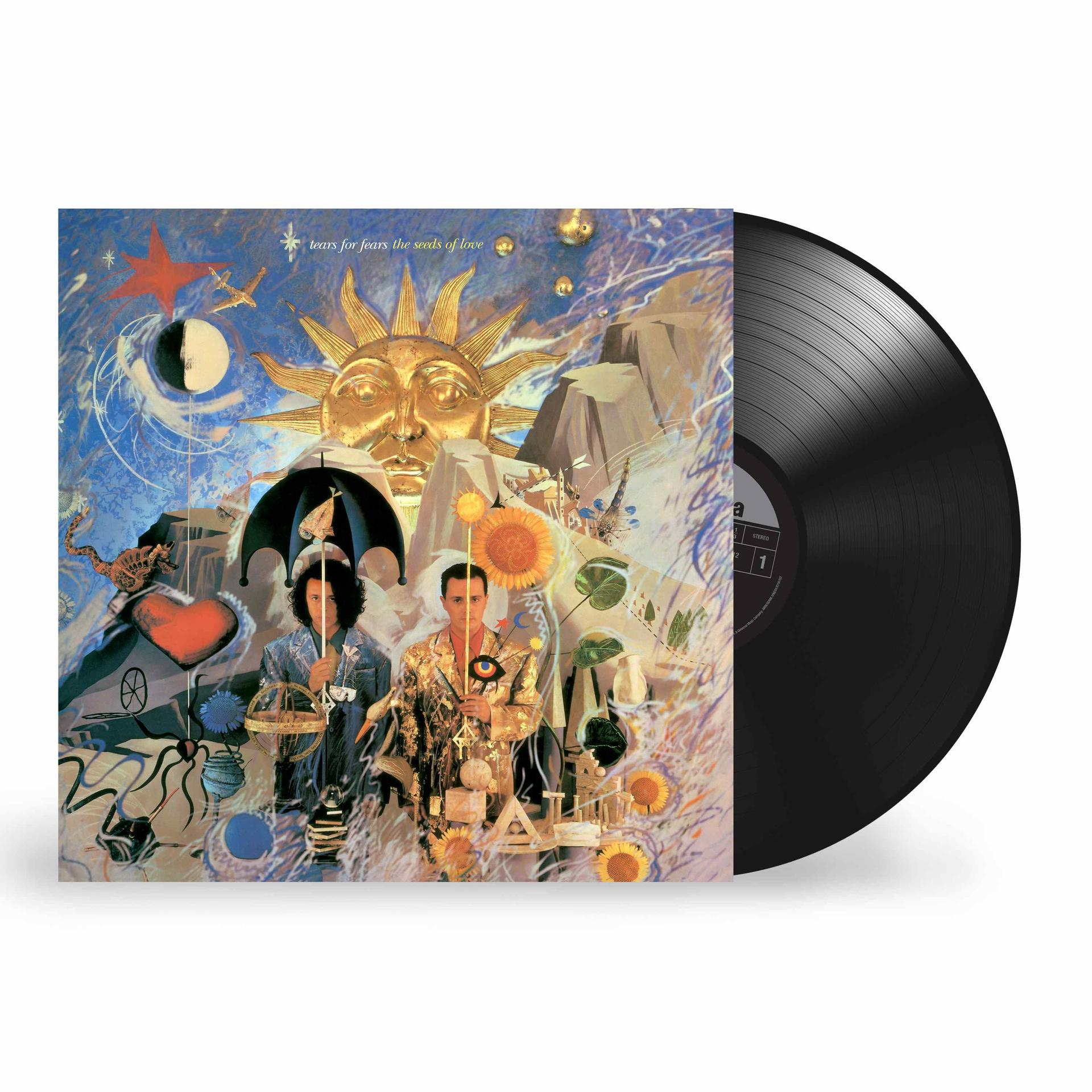 Surrealistische albumehoes met twee mannen, een gouden zon en zwevende objecten, naast een zwarte vinylplaat.