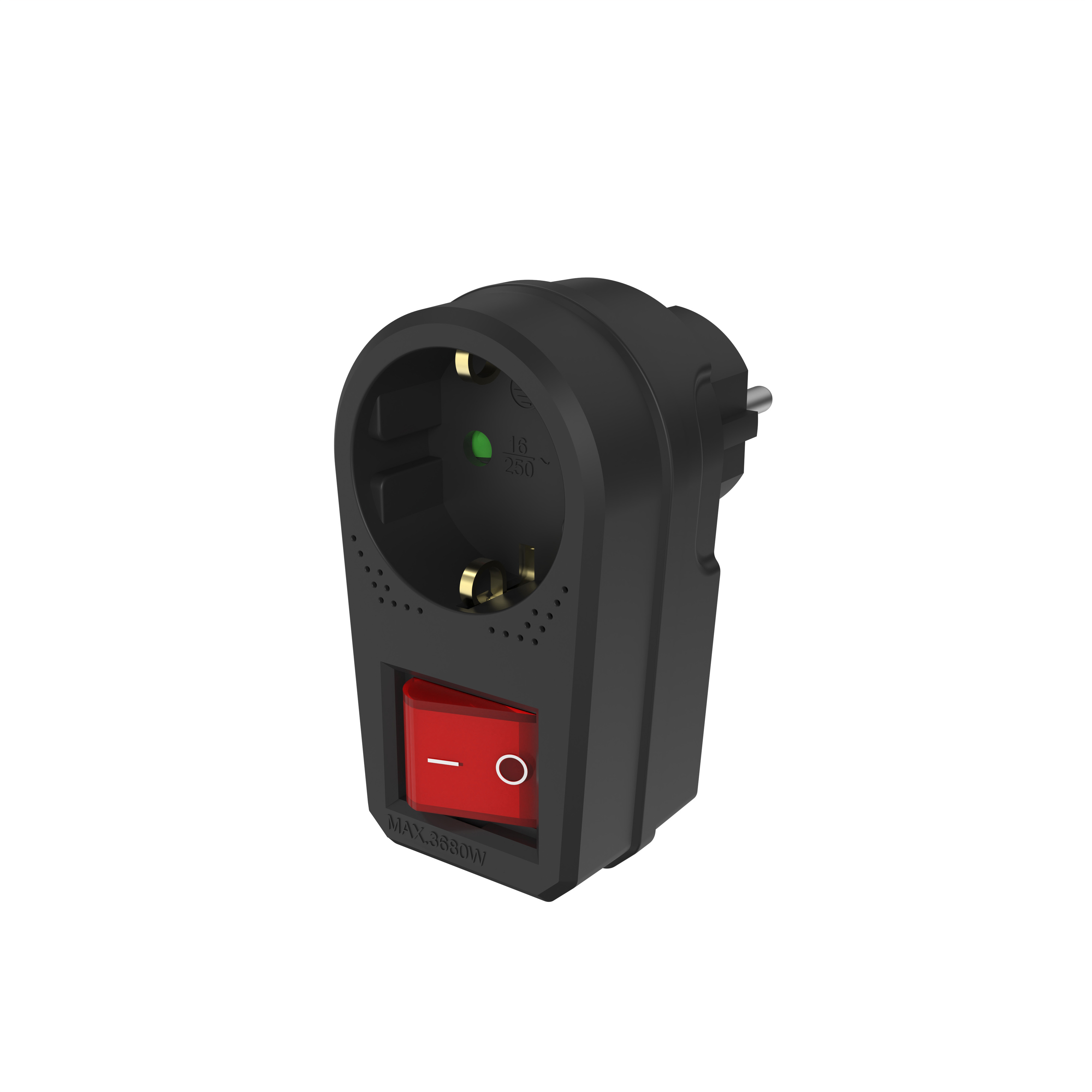 Ein schwarzer Steckdosenadapter mit einem roten Netzschalter auf weißem Hintergrund.