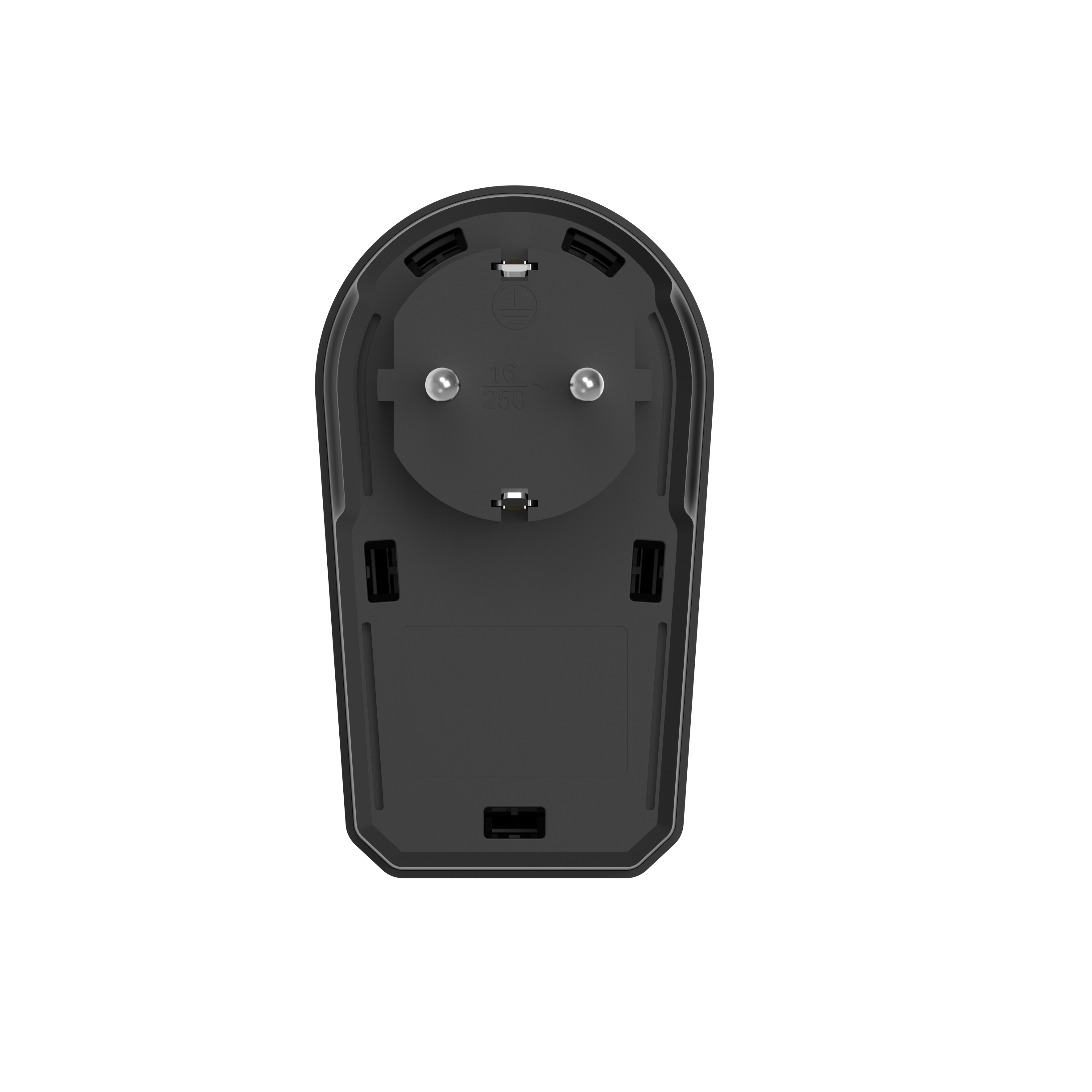 Eine schwarze Steckdose mit abgerundetem Design auf weißem Hintergrund.