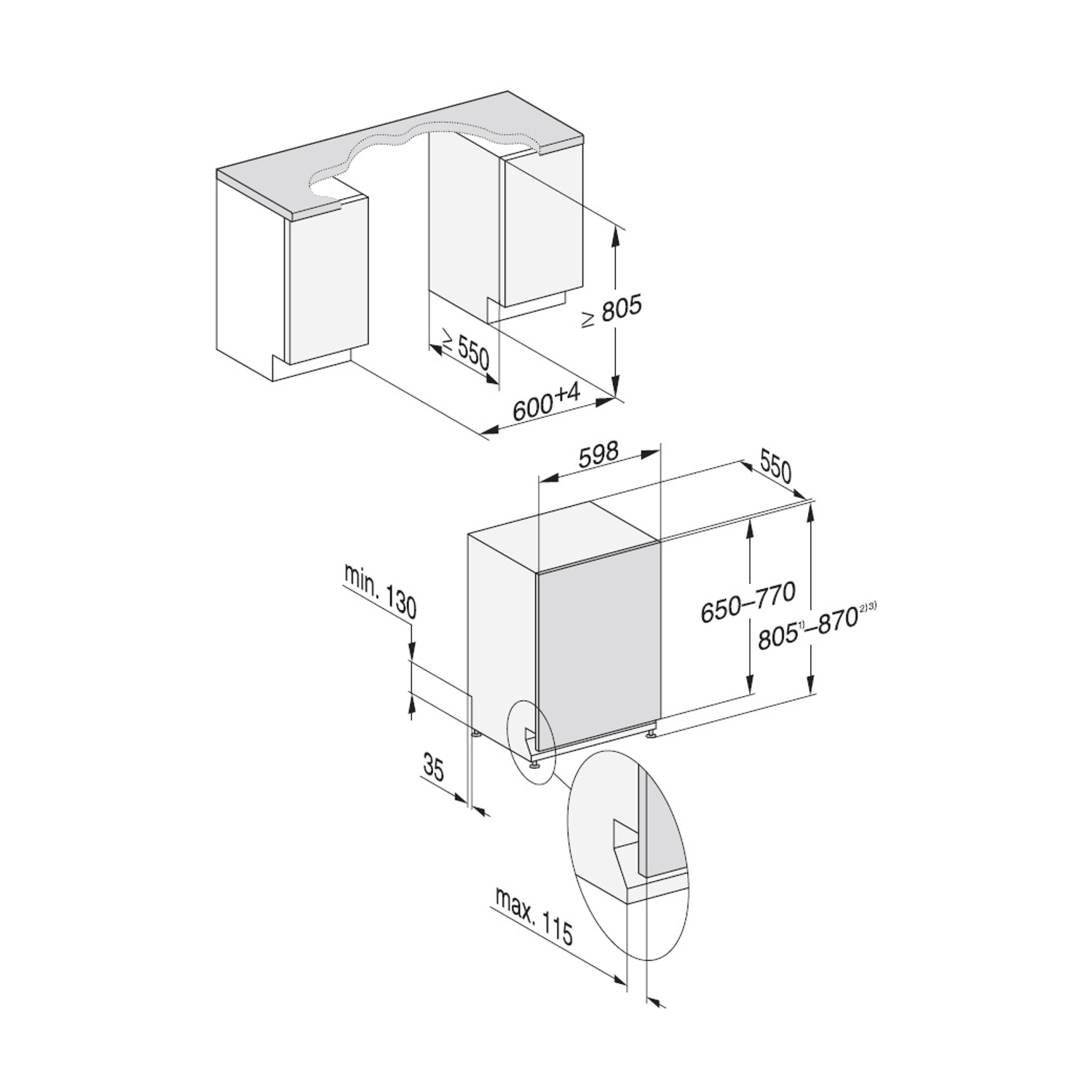 Disegno tecnico di un'installazione sottotavolo con misure per elettrodomestici.