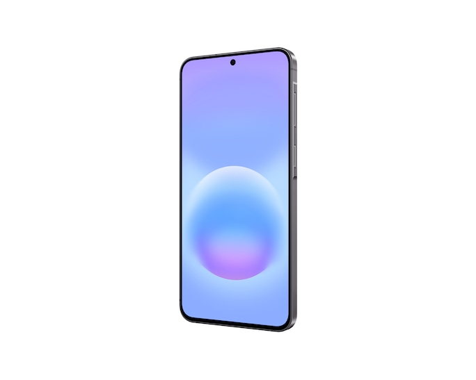 Ein Smartphone mit blau-violettem Bildschirm und Seitentasten steht leicht schräg auf weißem Hintergrund.