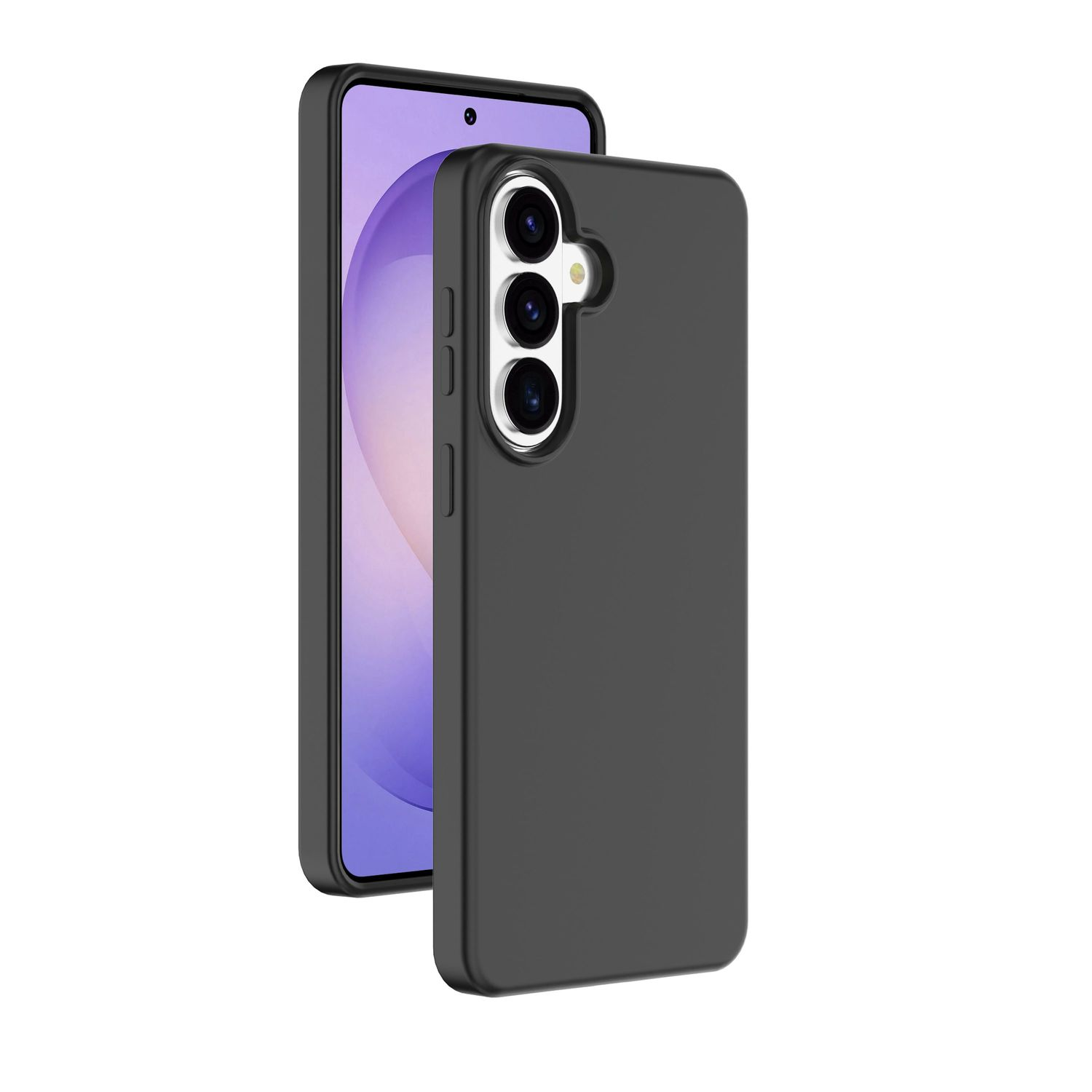 Ein schwarzes Smartphone mit Schutzhülle zeigt die Vorderseite und die Rückseite mit drei Kameras.