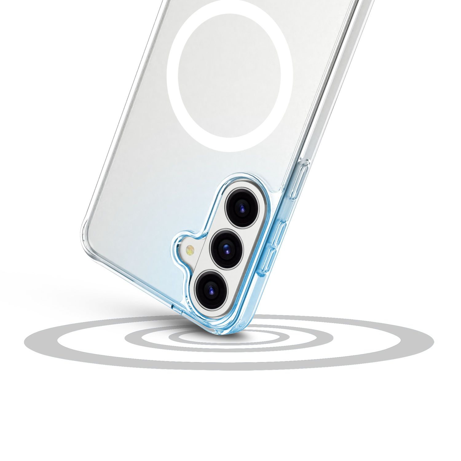 Transparente Smartphonehülle mit MagSafe-Ring und drei vertikalen Kameralinsen auf weißem Hintergrund.