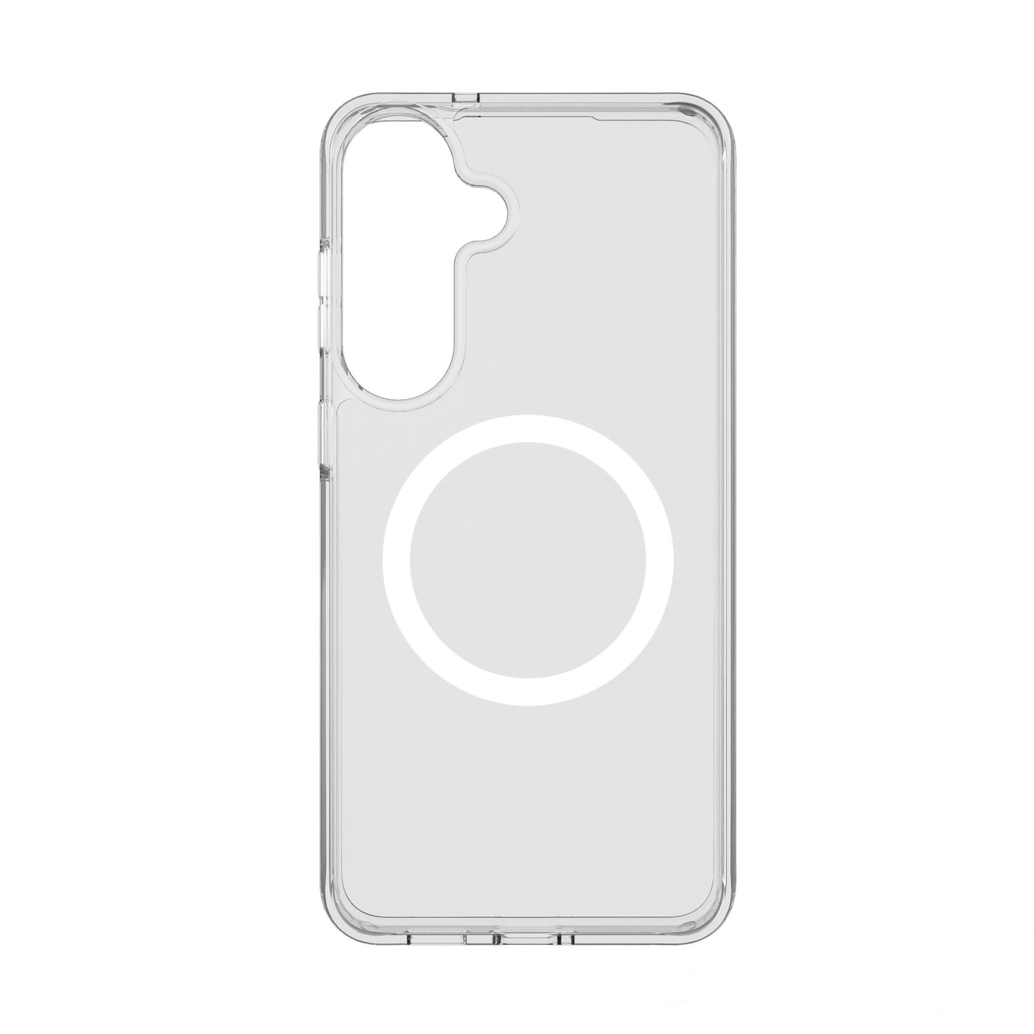 Transparente Smartphone-Hülle mit einem weißen Ring auf der Rückseite.