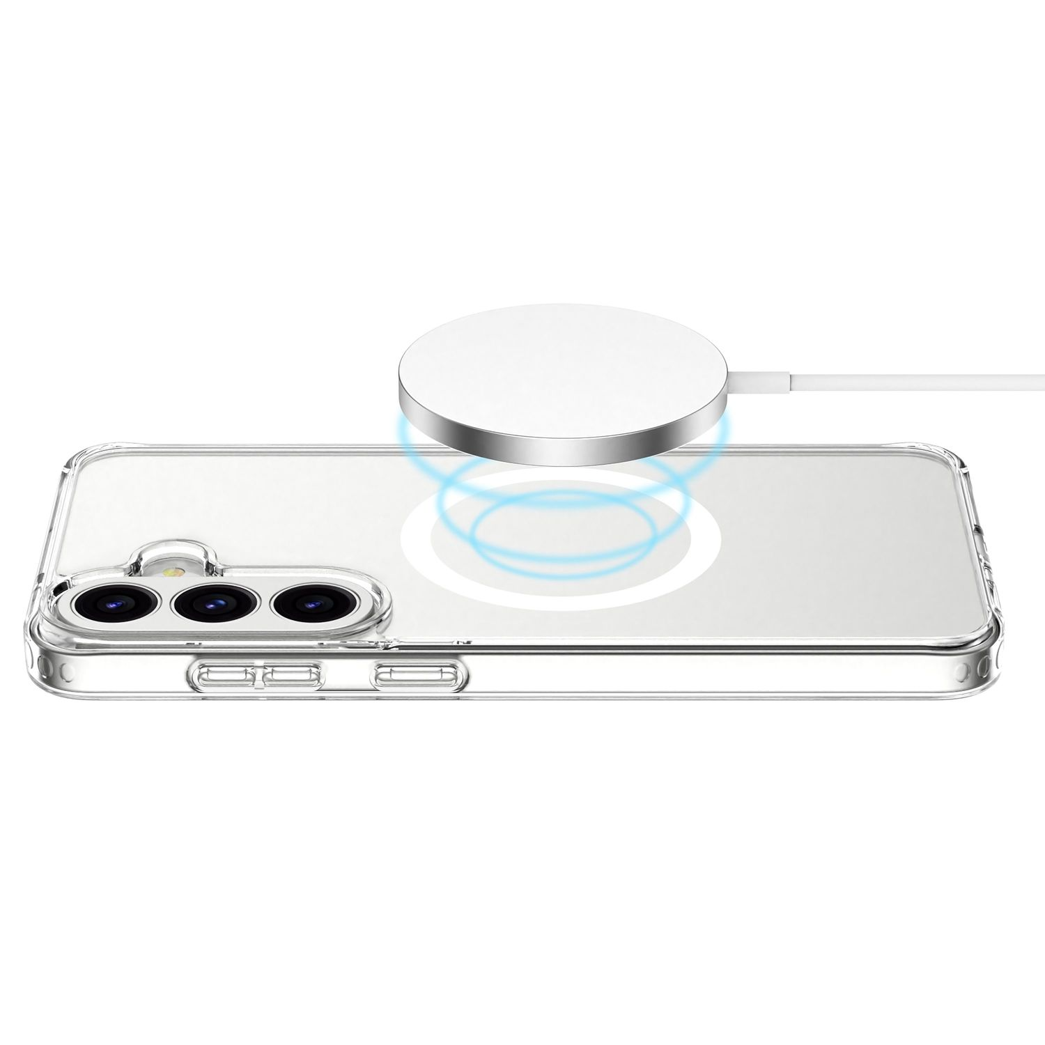 Ein Smartphone in transparenter Hülle wird kabellos mit einer weißen Ladepad-Scheibe aufgeladen.