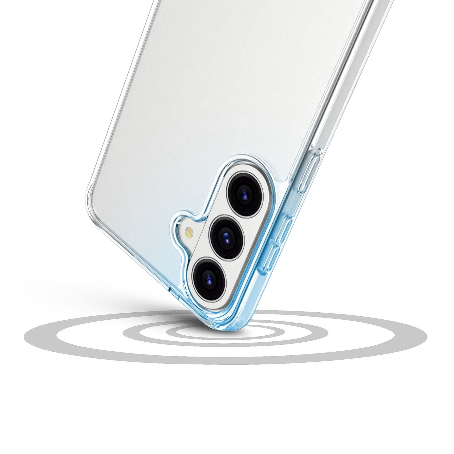 Ein Smartphone mit transparenter Hülle steht auf einer silbernen Kreisgrafik.