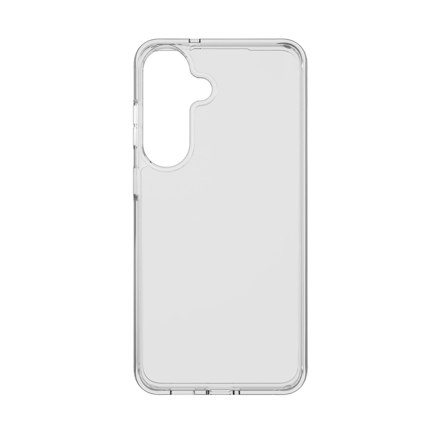 Transparente Schutzhülle für ein Smartphone mit Kameraaussparung auf weißem Hintergrund.