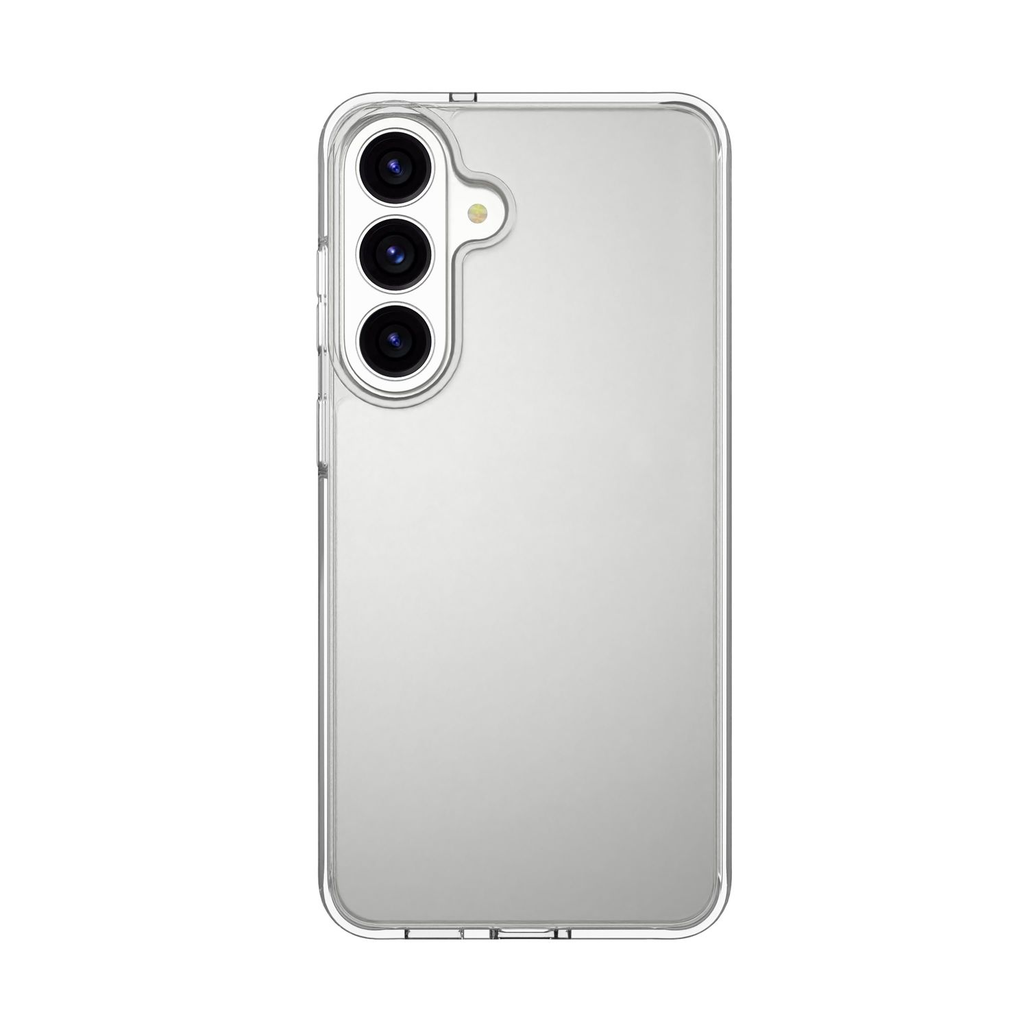 Rückseite eines Smartphones in einer transparenten Schutzhülle mit vertikal angeordneten Kameralinsen.