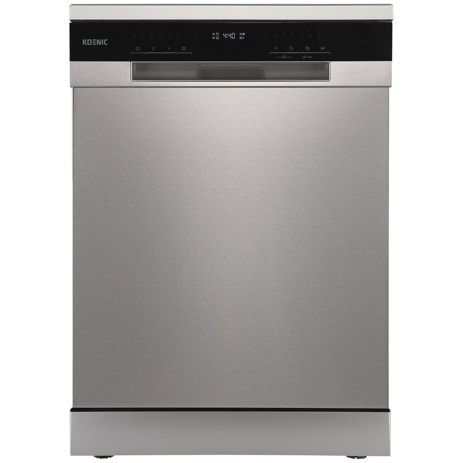 Front view of a silver Koenic dishwasher with a black control panel and digital display.