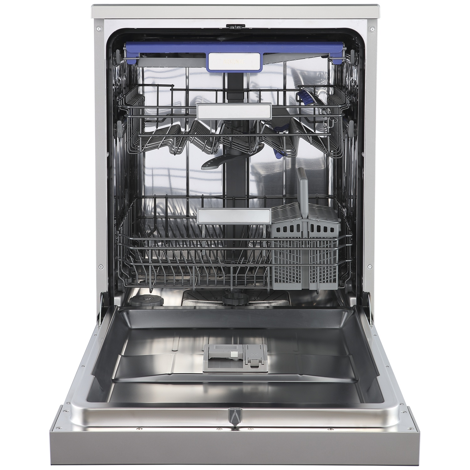 An open dishwasher showing empty racks, spray arms, and an open detergent dispenser door.
