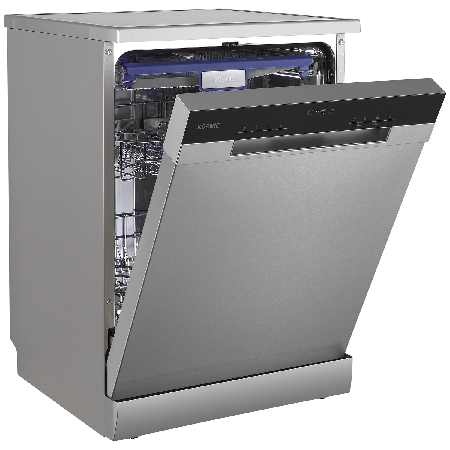 Freestanding silver Koenic dishwasher with open front door and visible internal racks.
