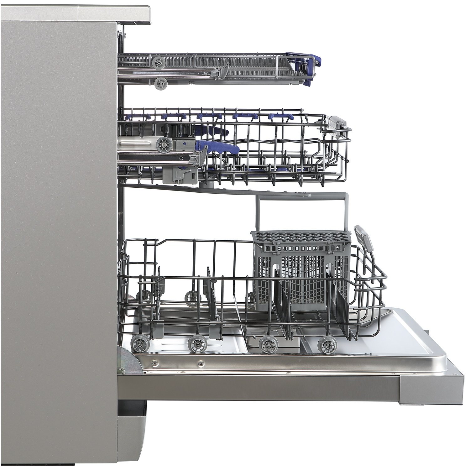 Side view of a dishwasher with three pull-out racks and a cutlery basket.