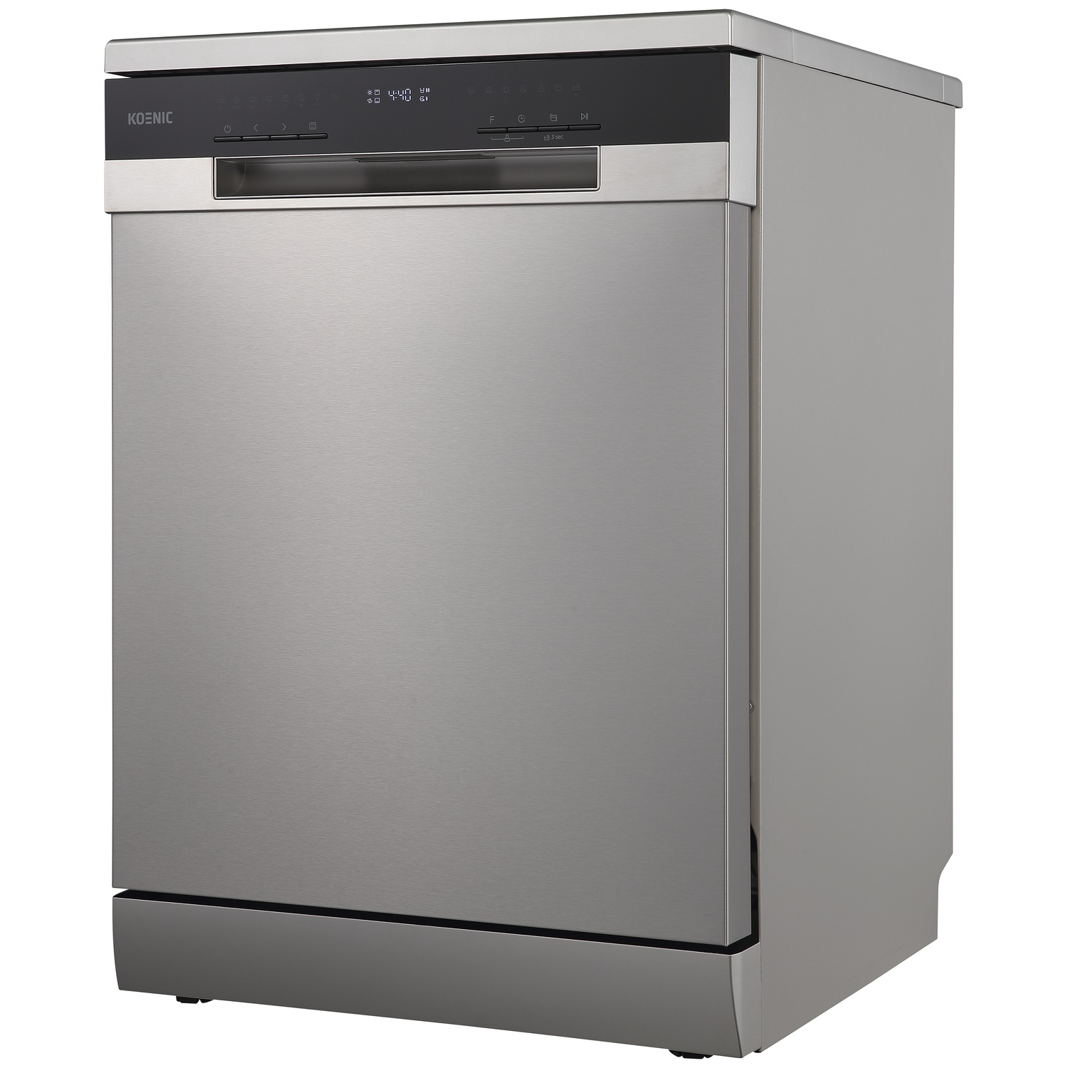 Freestanding silver dishwasher with black control panel and digital display.