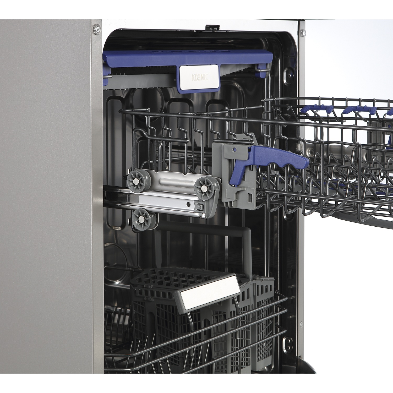 Open dishwasher with pull-out grey racks and blue accents inside.