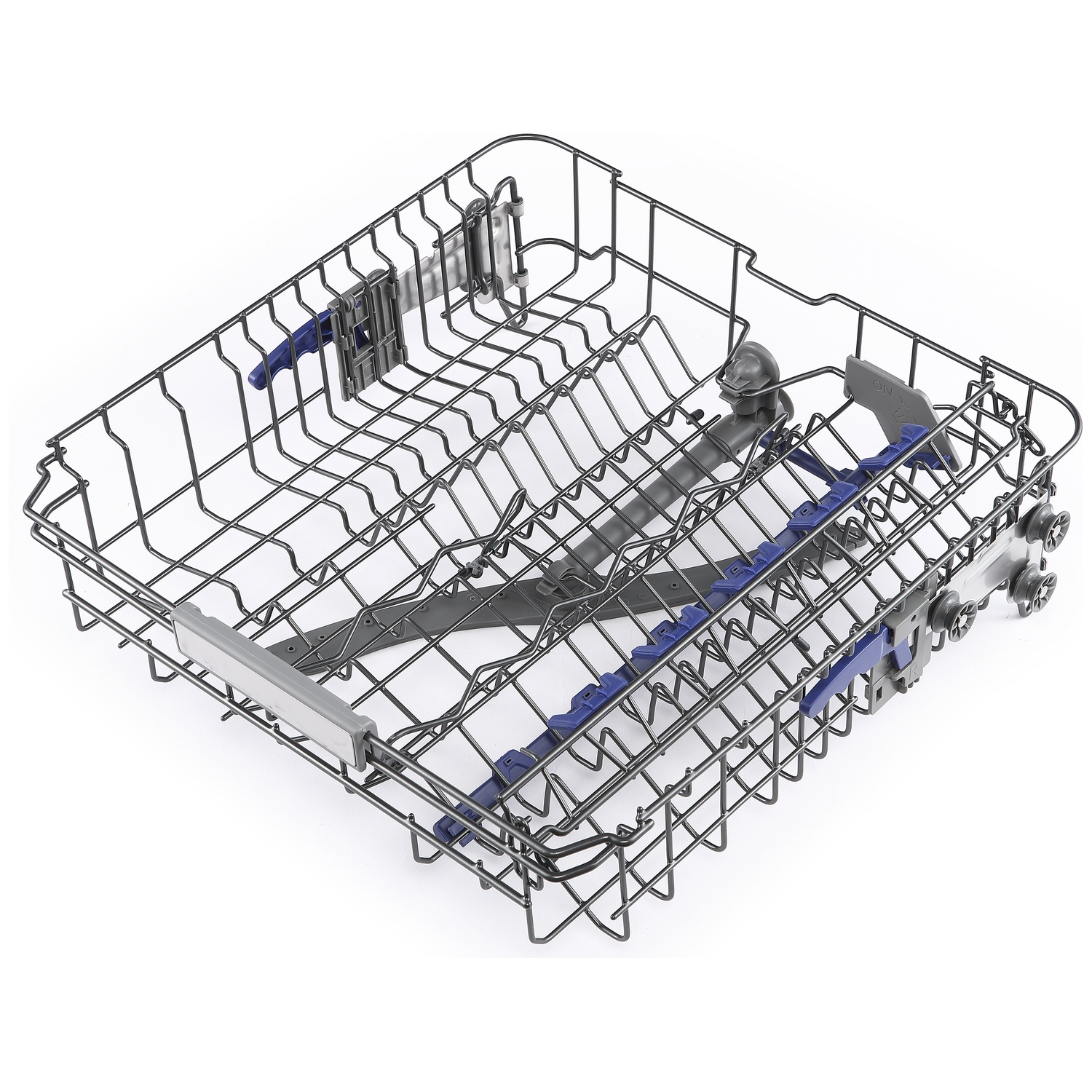 Gray wire dishwasher rack with blue accents and wheels.