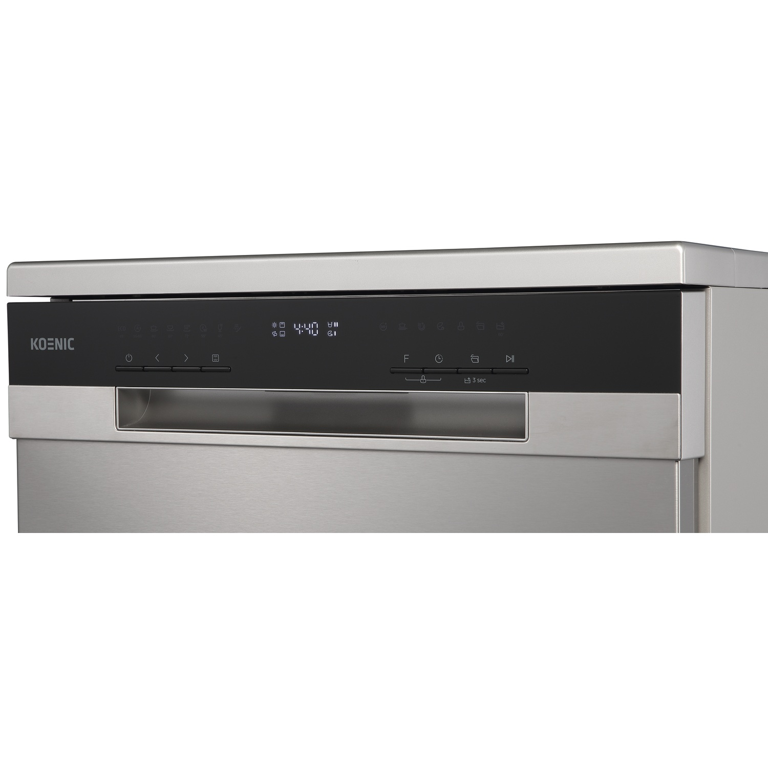 Front view of a silver Koenic dishwasher featuring a black control panel and LED display.