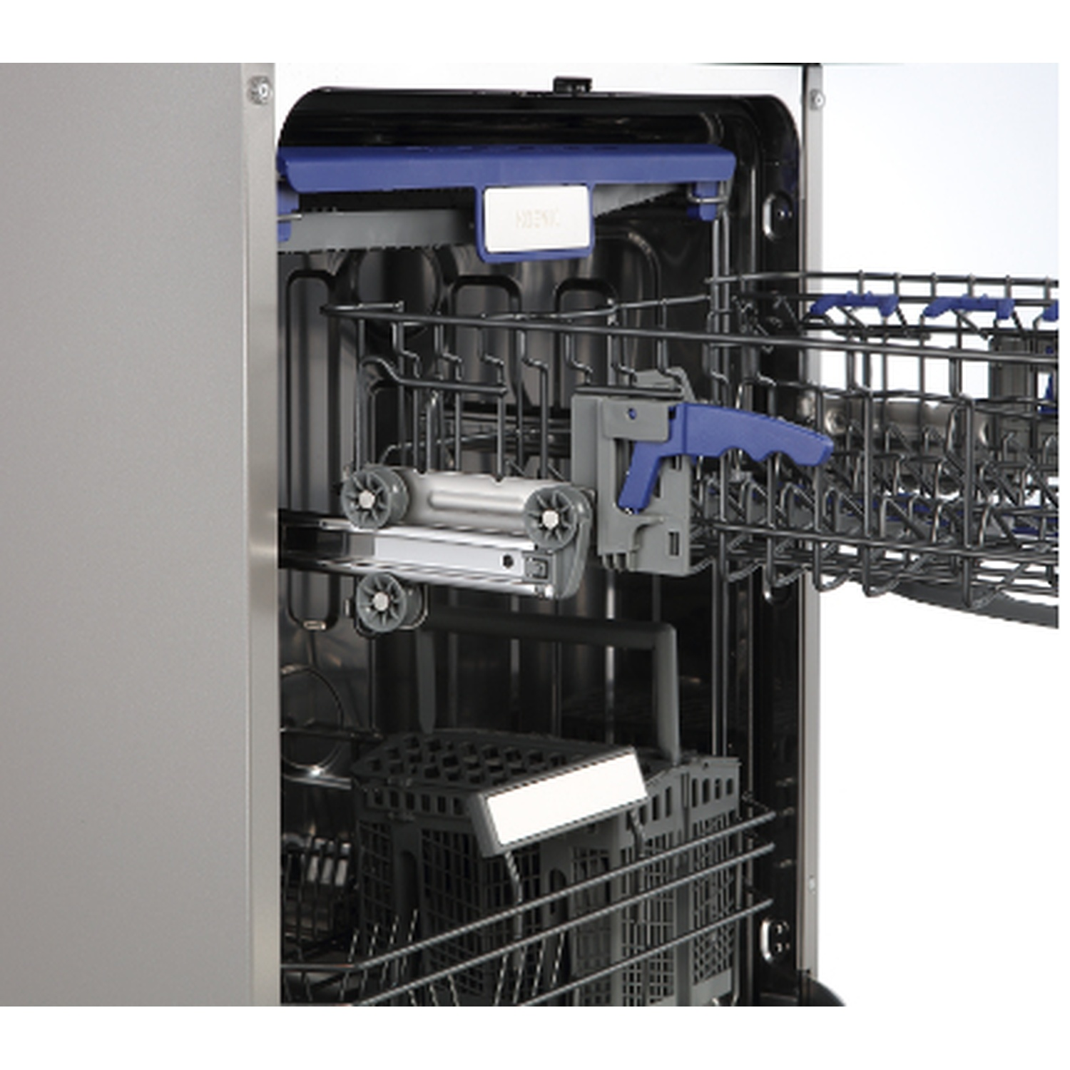 Open dishwasher with pull-out racks, cutlery basket, and blue accents inside a silver stainless steel appliance.