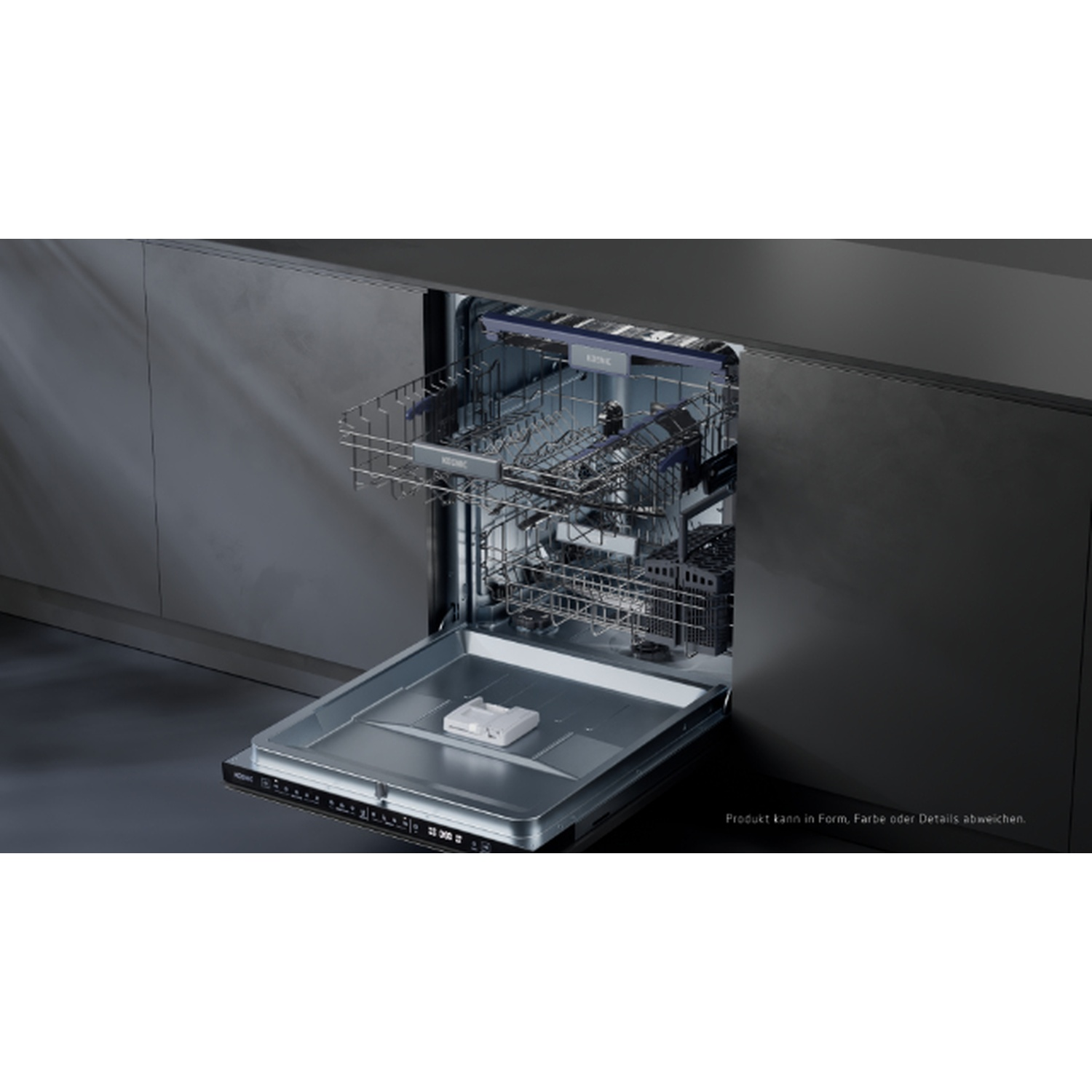 Open black dishwasher in a dark kitchen with pull-out racks.