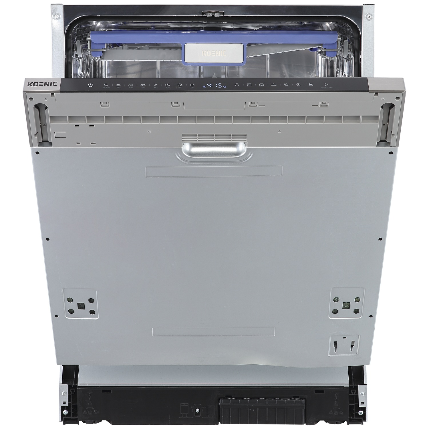 Open silver Koenic dishwasher with a black control panel and a blue cutlery basket.