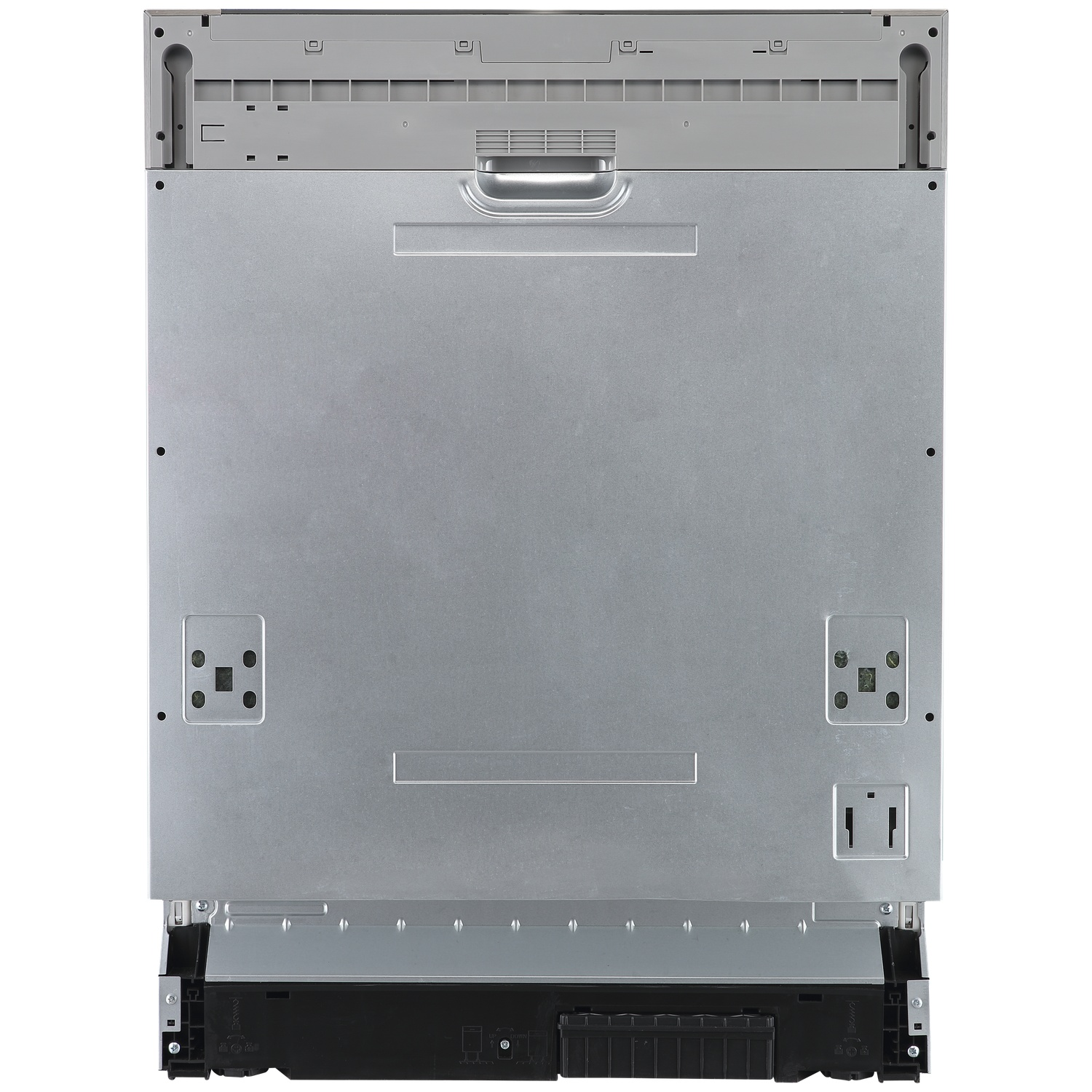 Front view of an integrated silver dishwasher with a black base.