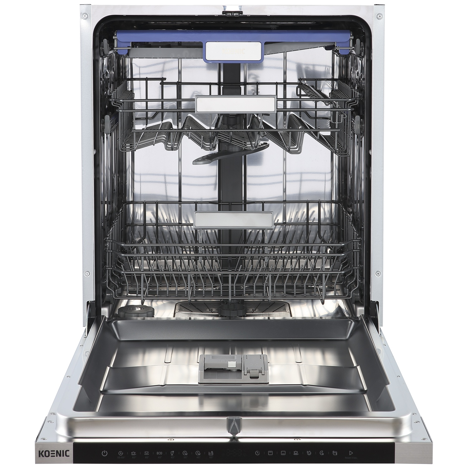 Open dishwasher with a silver interior and two empty dish racks.