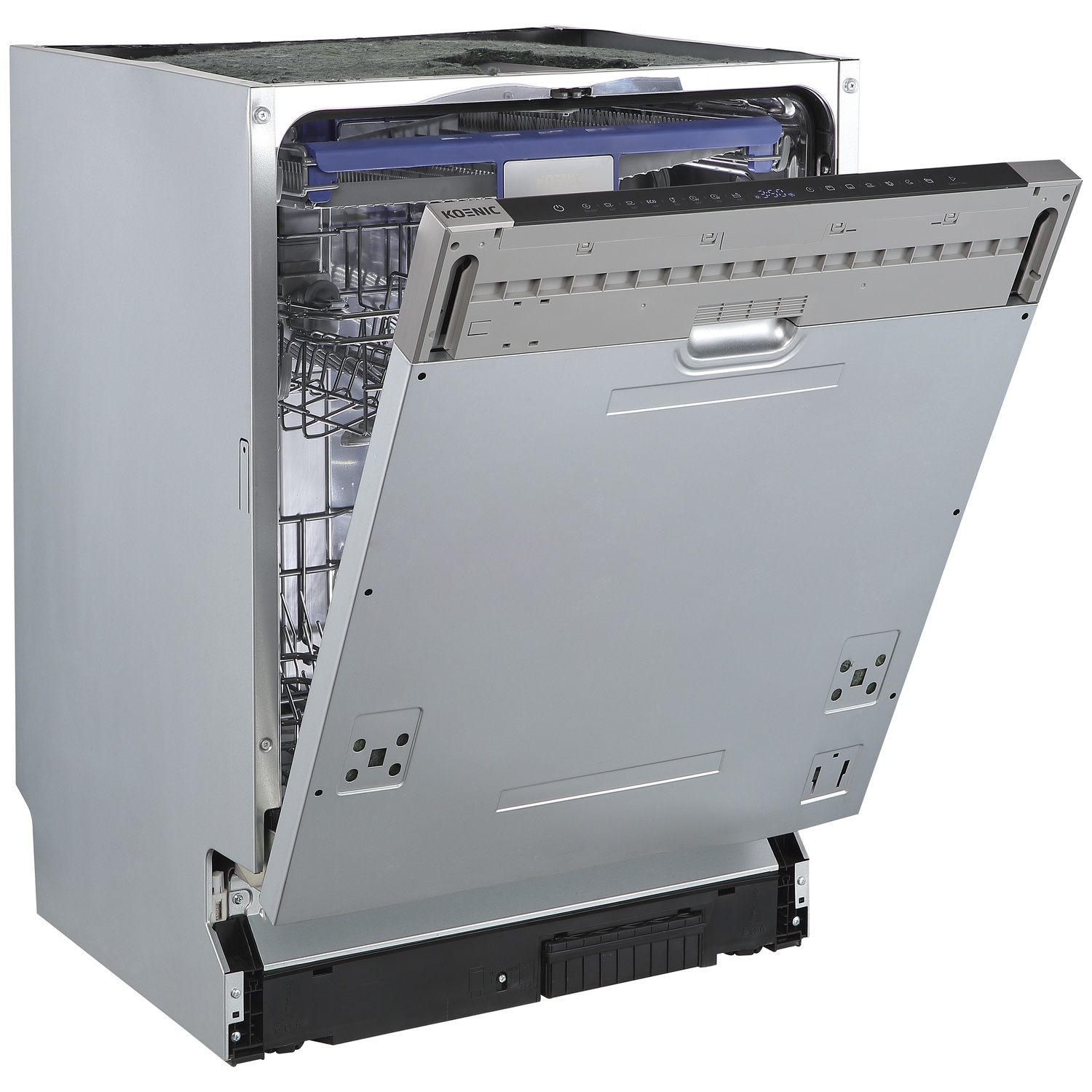 Silver dishwasher with open door, interior racks, and control panel.