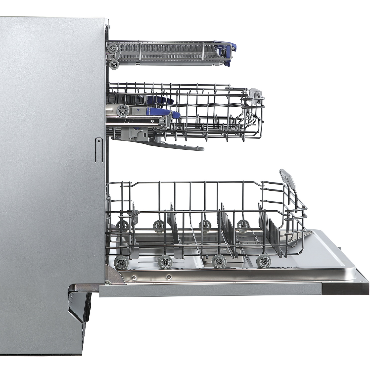 Open silver dishwasher showing three pull-out metal racks.