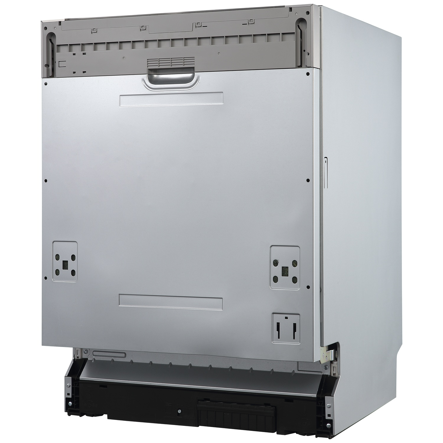 Front view of a silver dishwasher with a black base and integrated control panel.