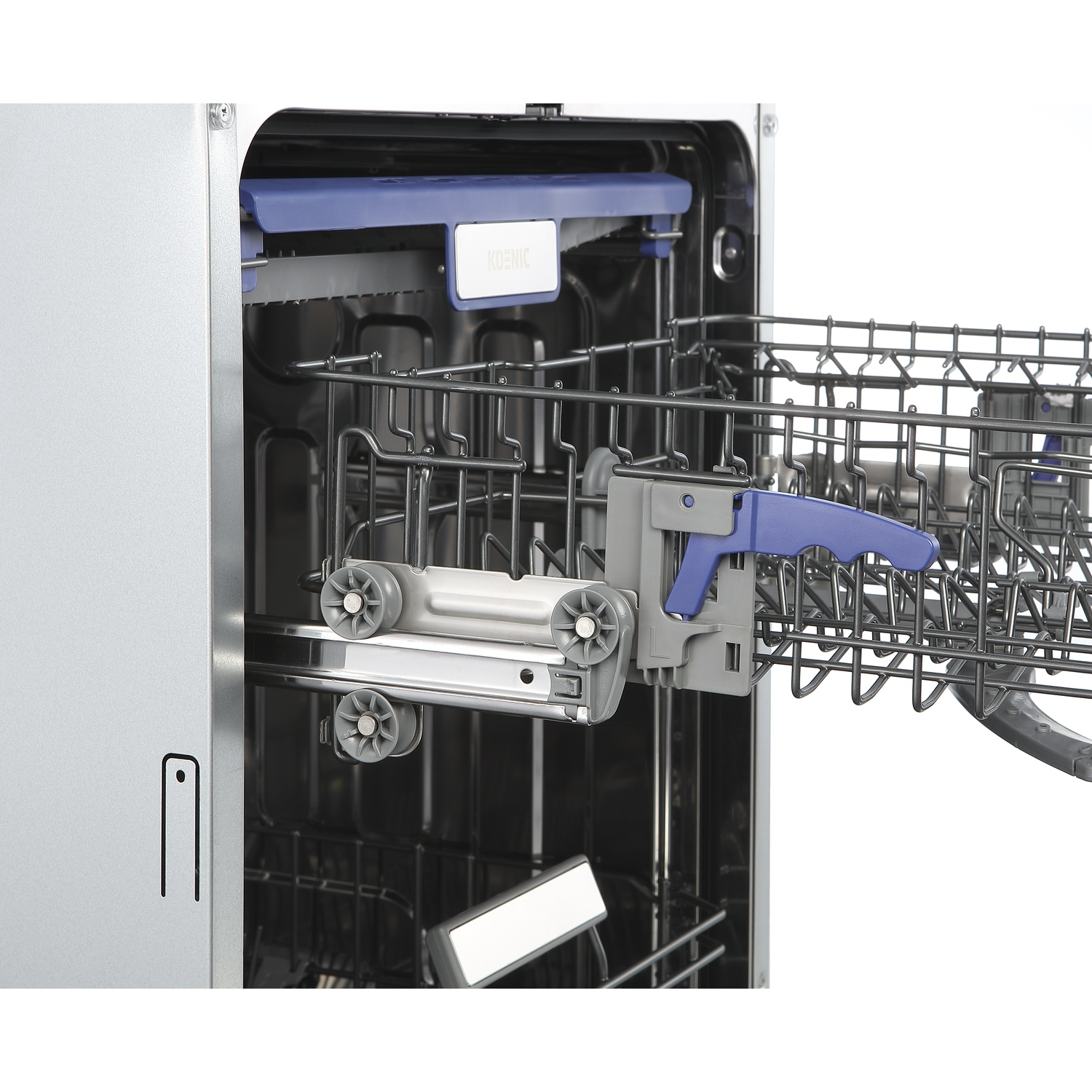 Open dishwasher with pulled-out rack, grey and blue interior.