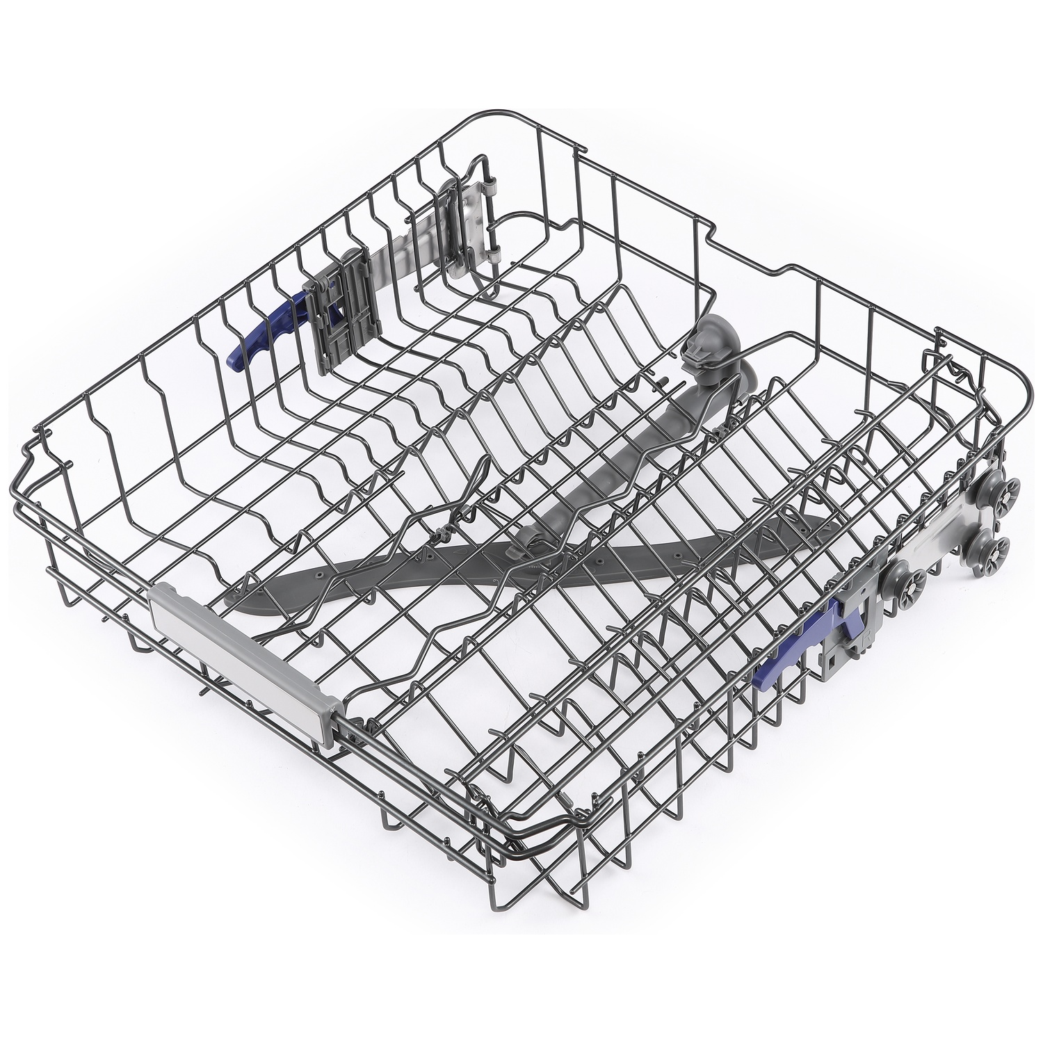 Grey dishwasher basket with spray arm isolated on white background.