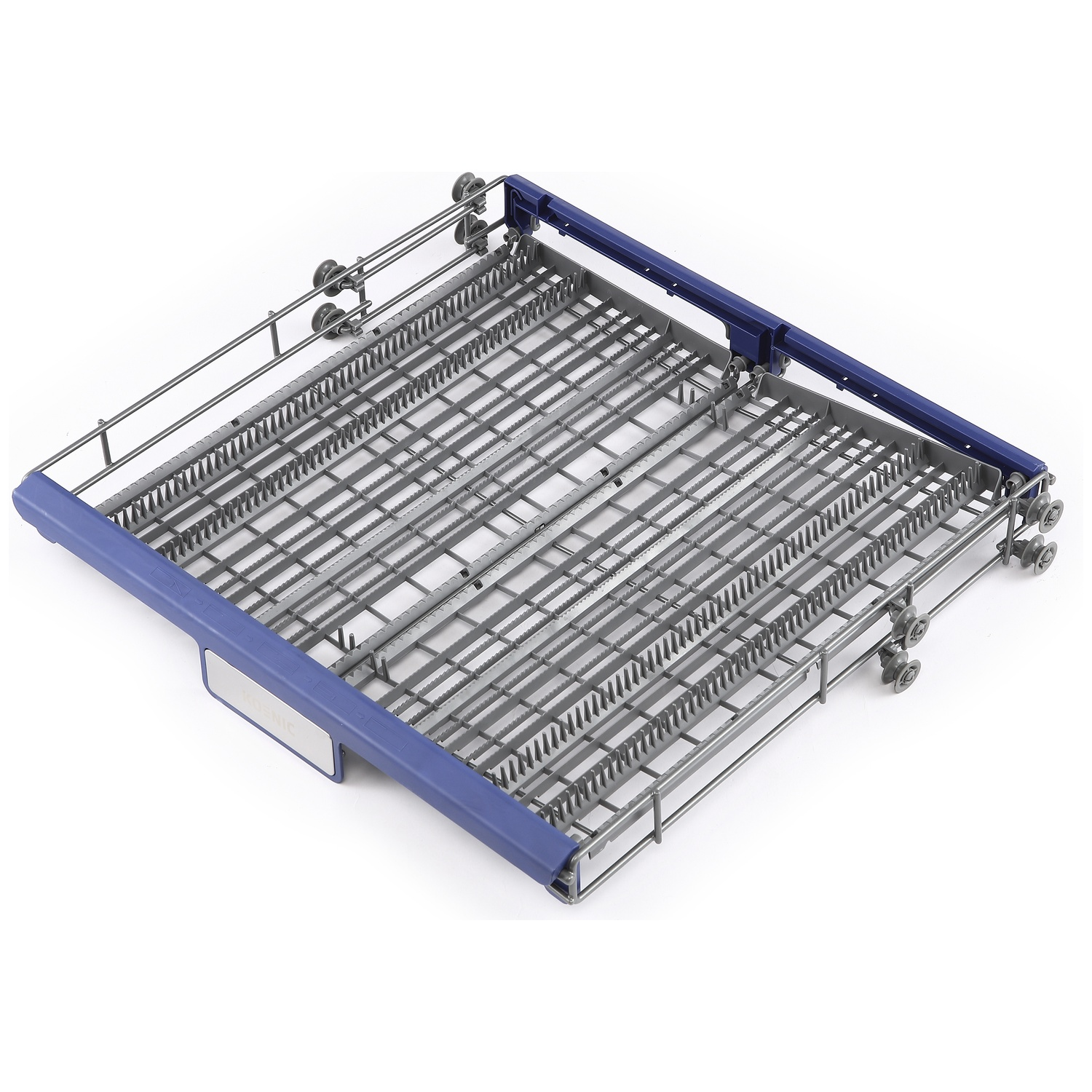 A grey dishwasher rack with blue accents and integrated wheels on a white background.