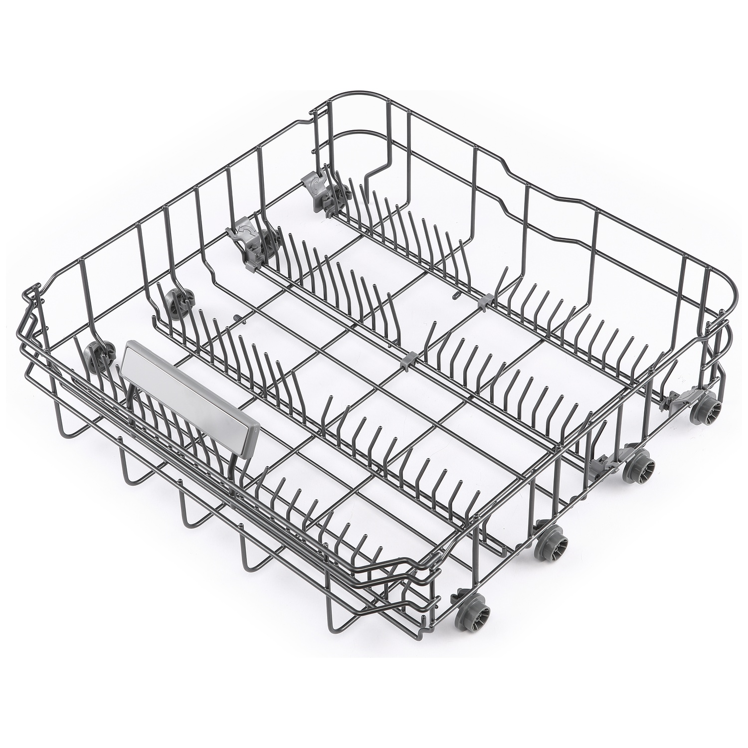 Grey dishwasher rack with tines and wheels on white background.
