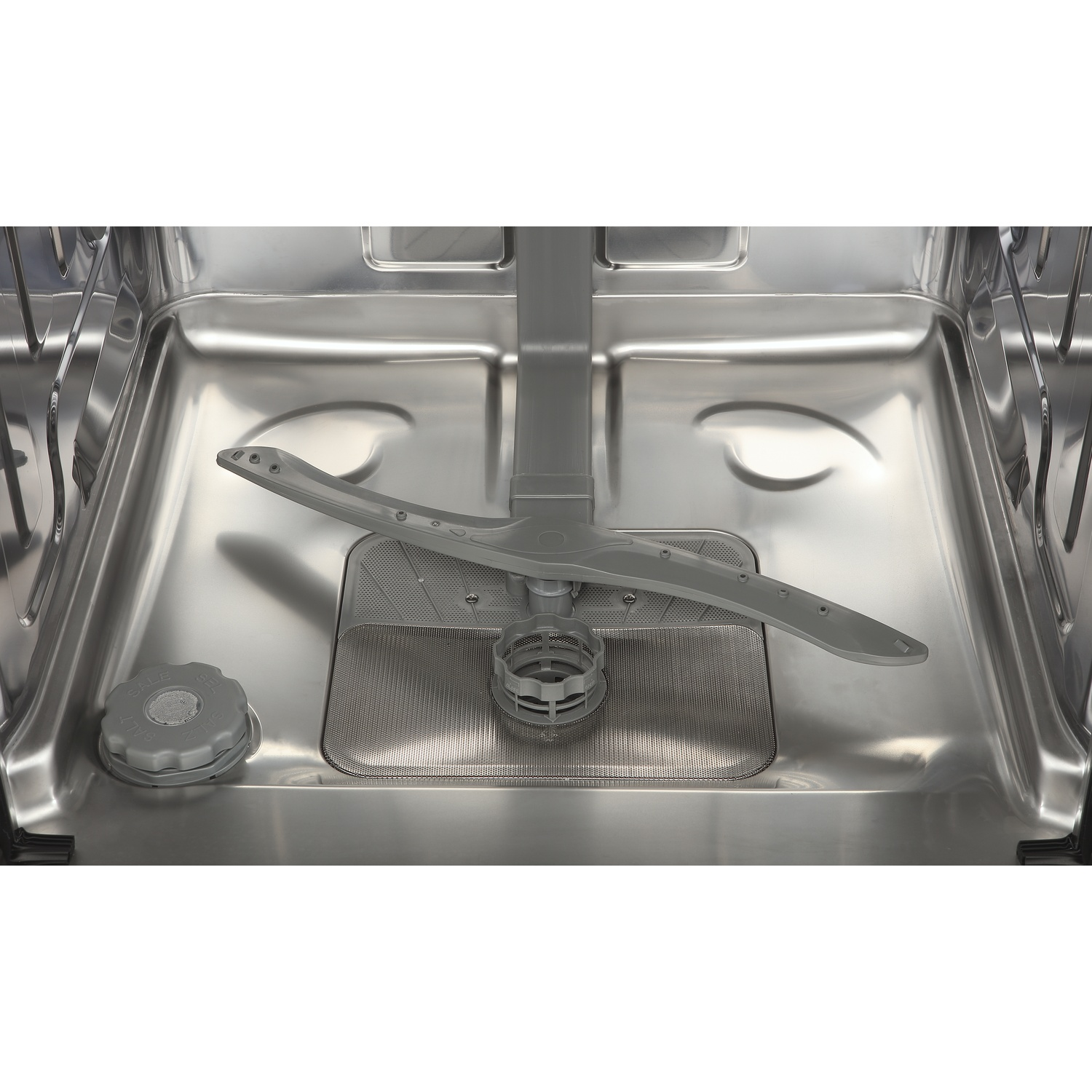 Inside view of an empty dishwasher featuring a stainless steel tub and a grey spray arm.