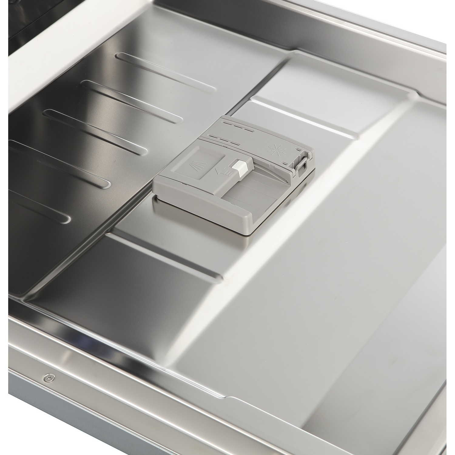 The open door of a shiny dishwasher features a gray detergent and rinse aid dispenser.