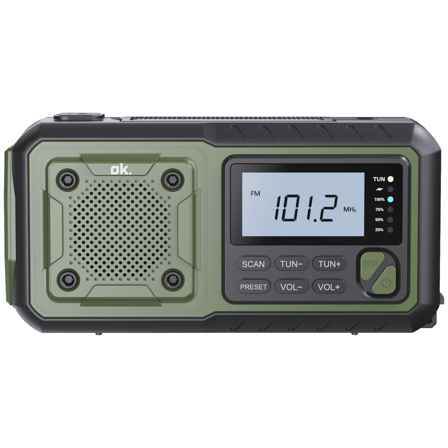 Groene en zwarte noodradio met digitaal display, speaker, knoppen en batterij-indicator op een witte achtergrond.
