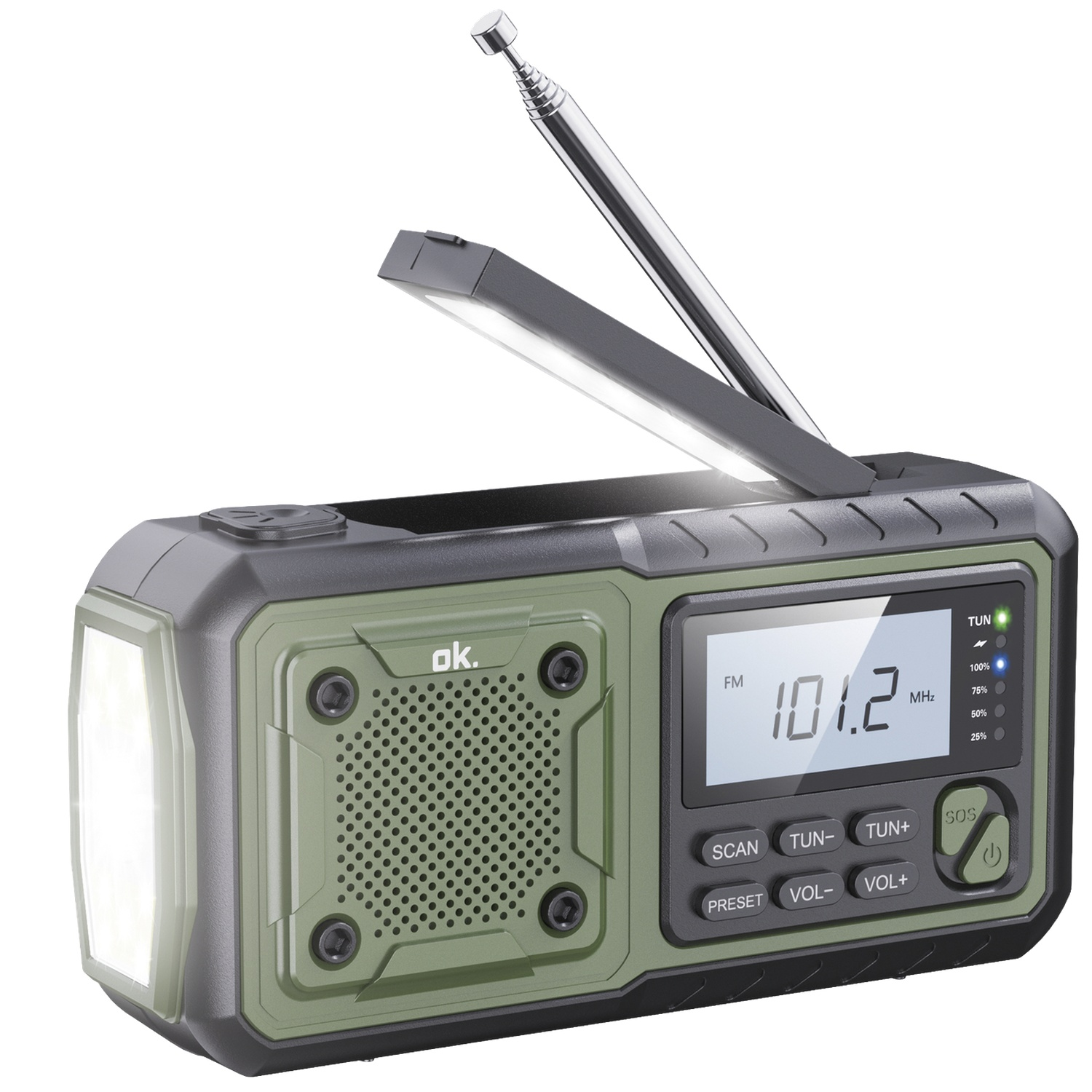 Groene noodradio met digitaal display, uitschuifbare antenne, led-lamp aan de zijkant en open leeslamp.