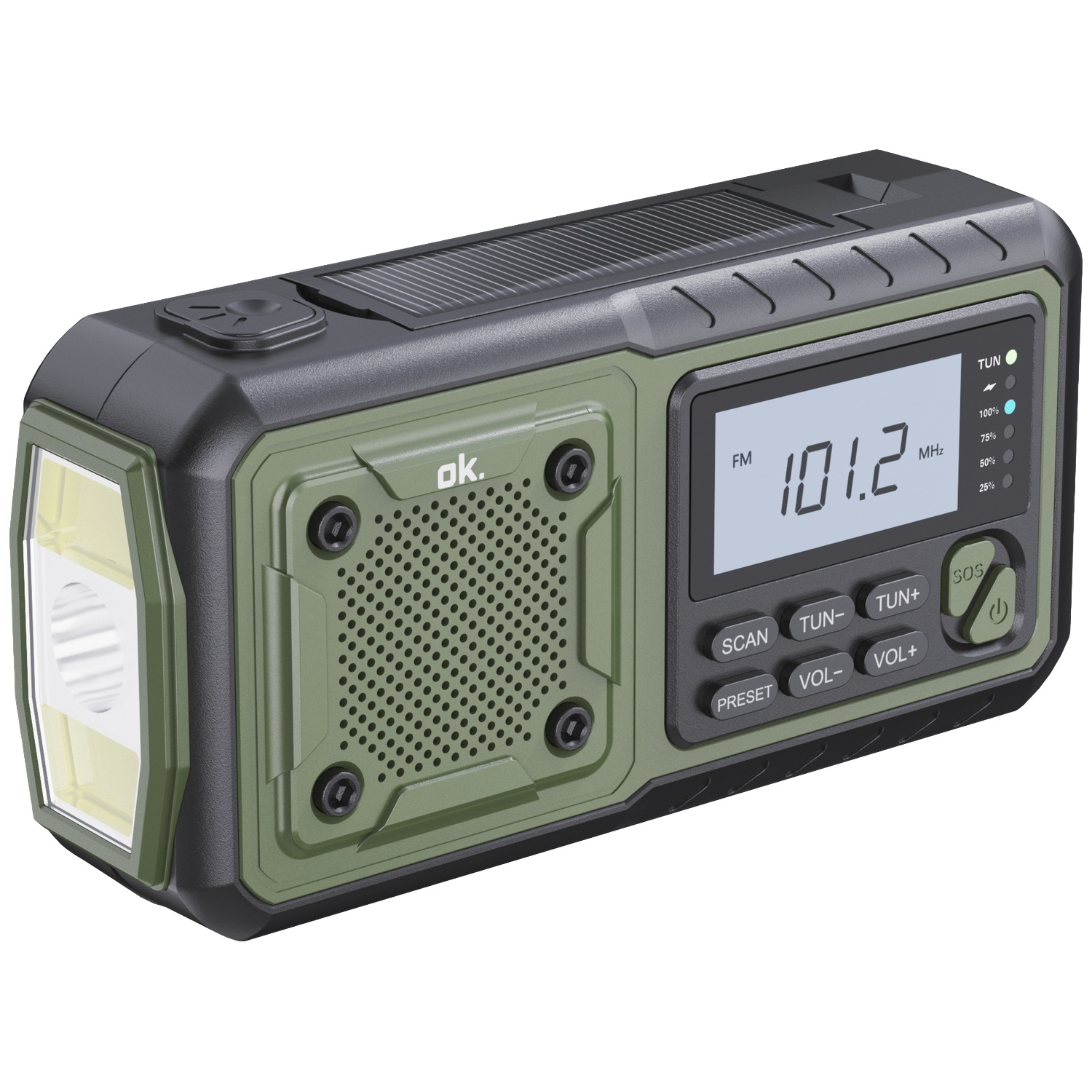 Groen-zwarte noodradio met zaklamp, digitaal display, zonnepaneel en luidspreker op een witte achtergrond.