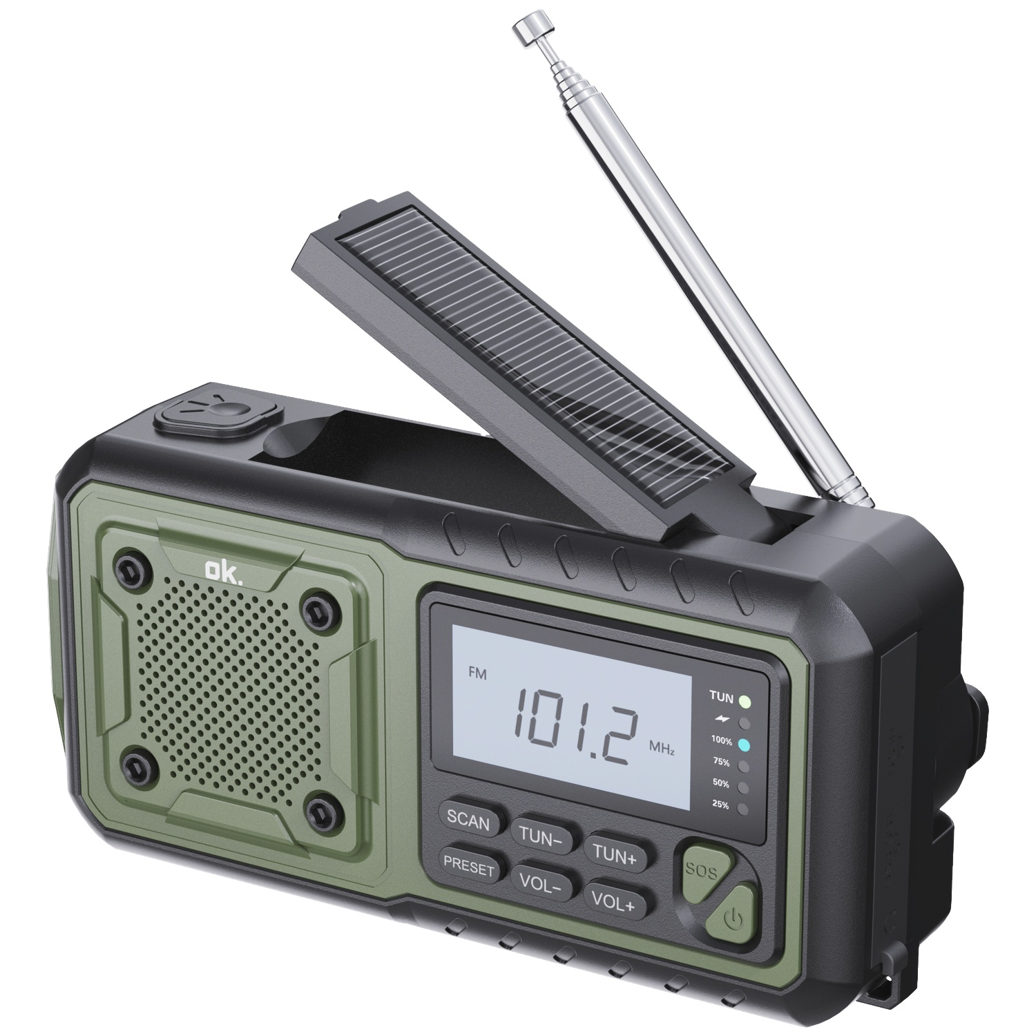 Een zwart-groene noodradio met antenne en zonnepaneel tegen een witte achtergrond.