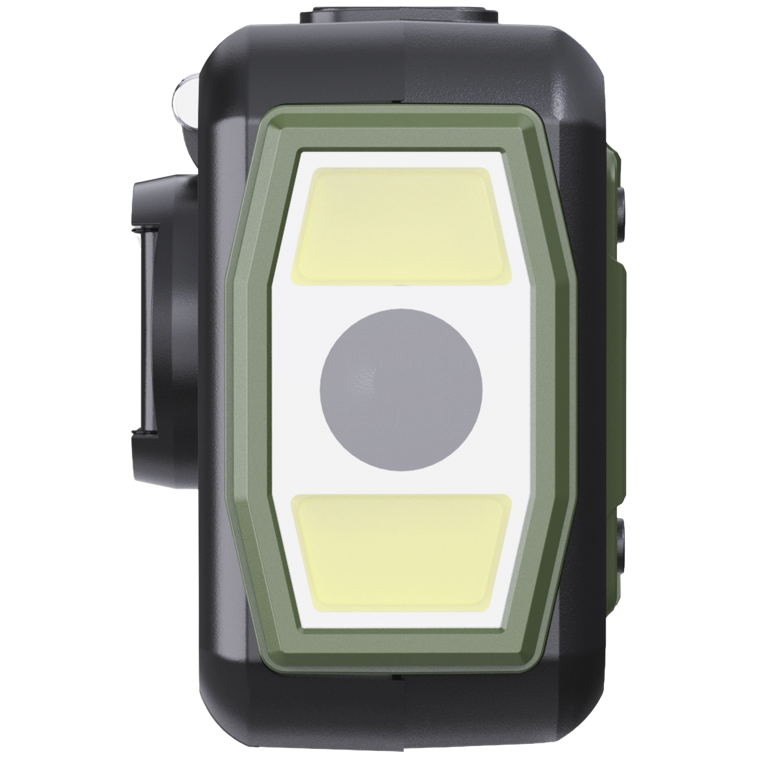 Een compacte, zwarte en groene LED-lamp met een voorpaneel op een witte achtergrond.