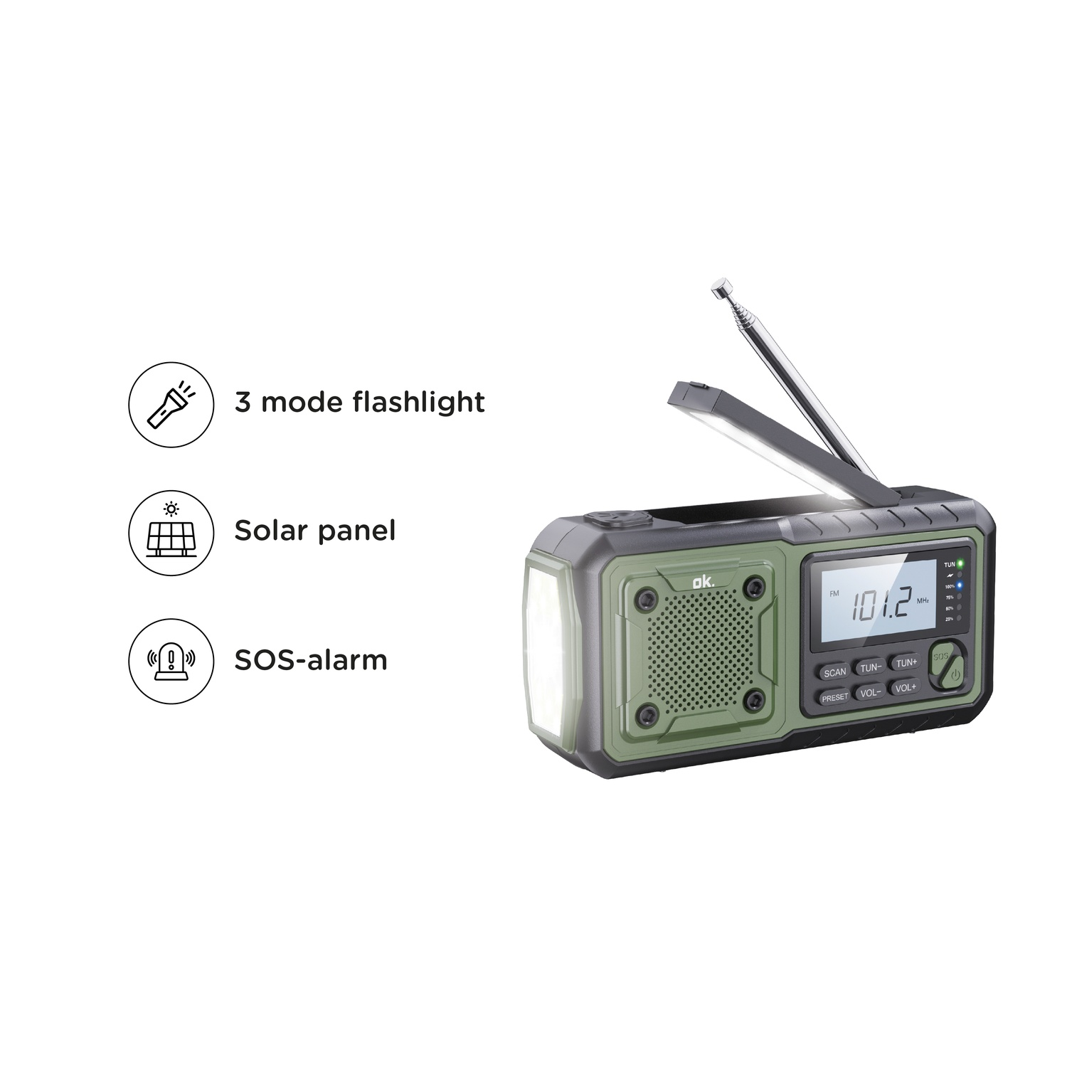 Groene noodradio met zonnepaneel, uitschuifbare antenne en ingebouwde zaklamp.