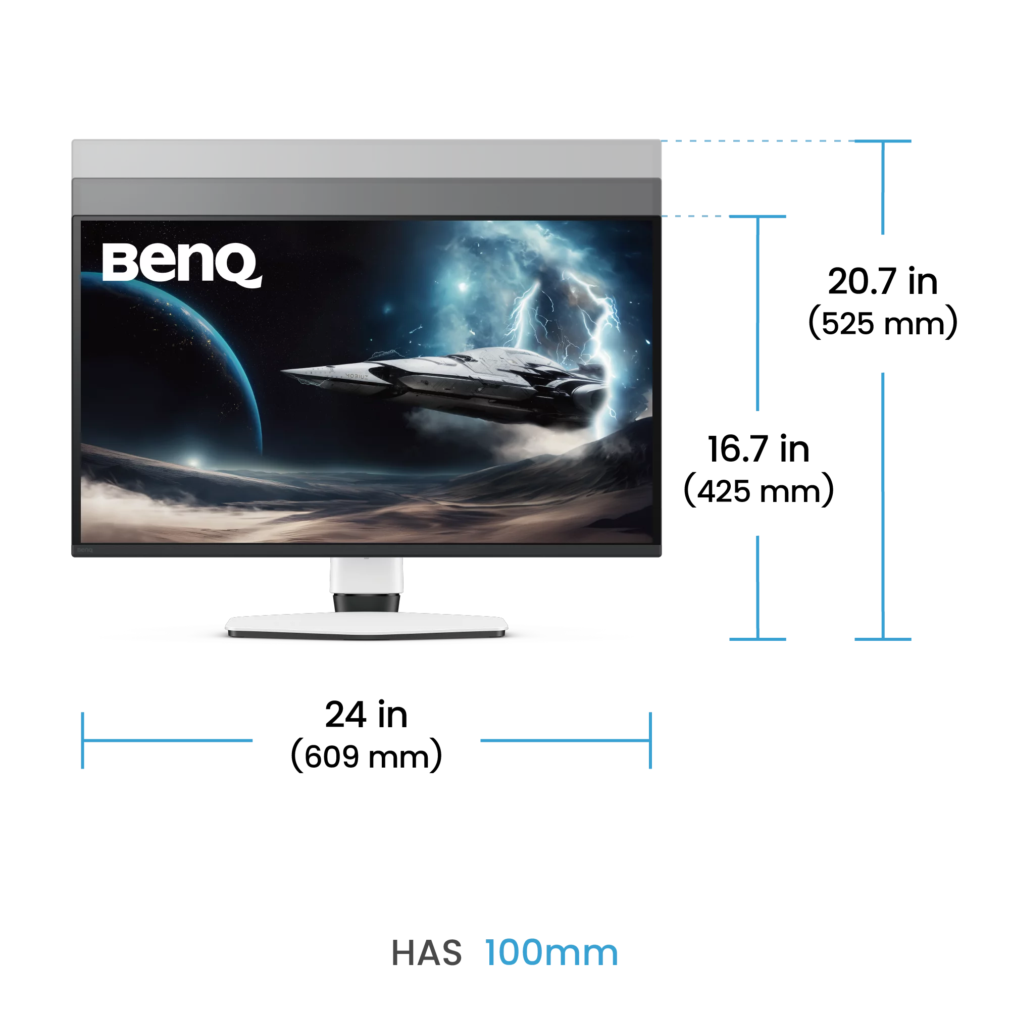 BenQ-Monitor mit Maßen und weißem Fuß vor schwarzem Hintergrund.