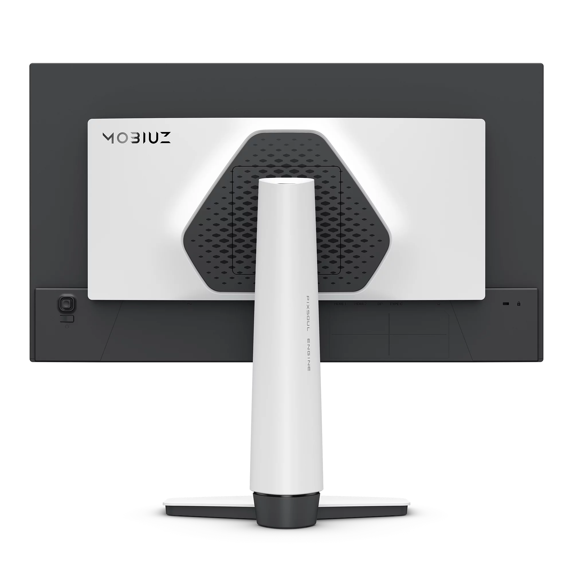 Die Rückseite eines schwarzen Monitors mit weißem Standfuß und der Aufschrift MOBIUZ auf weißer Platte.