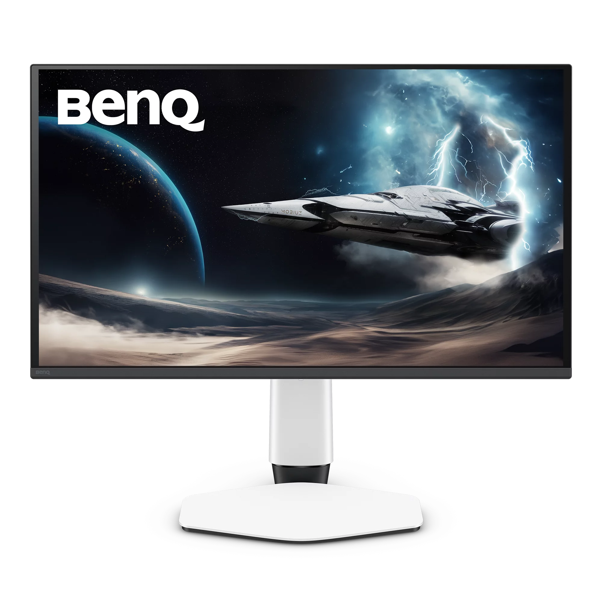 BenQ-Monitor mit weißem Standfuß zeigt ein sci-fi Raumschiff im All mit Blitz und Planet.