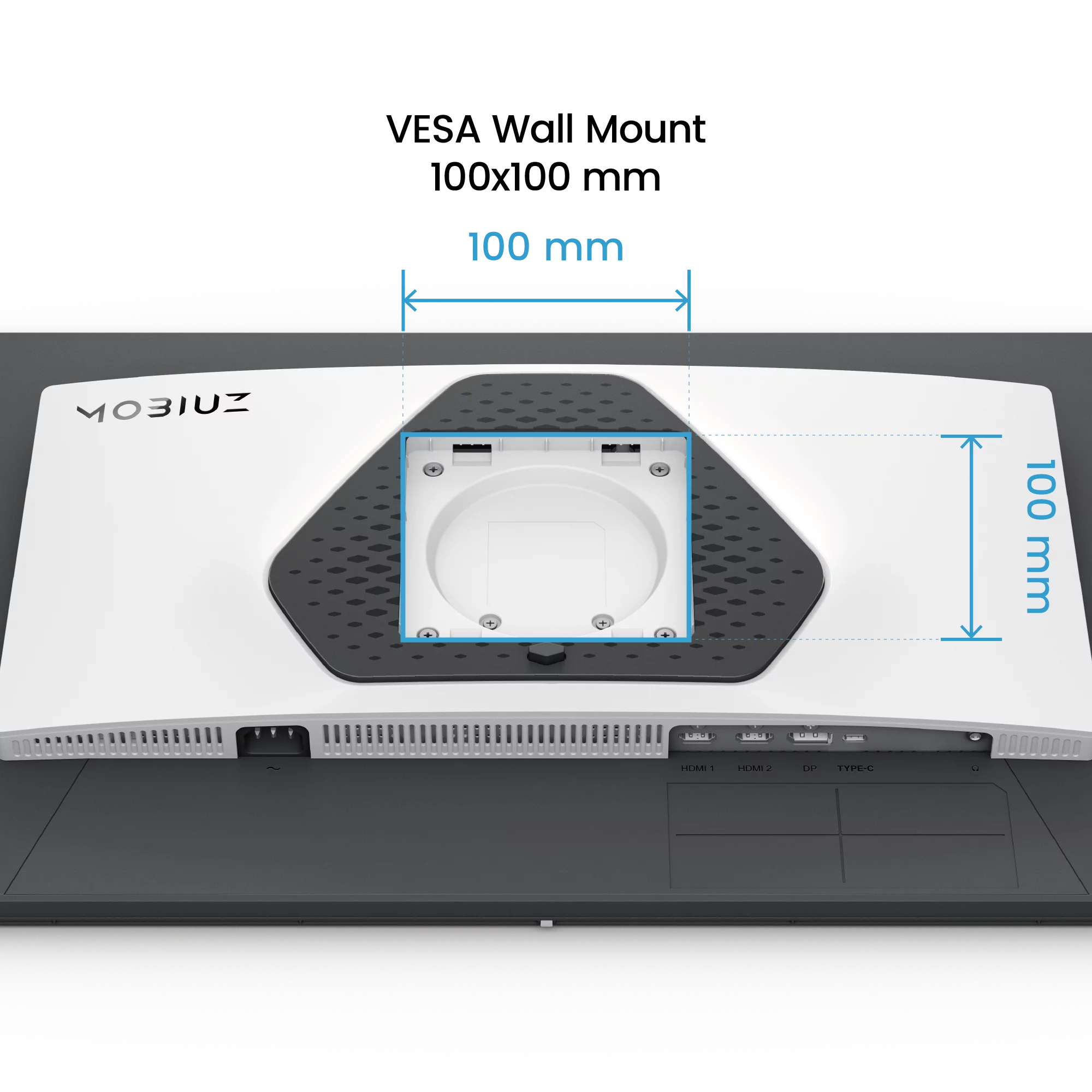 Rückseite eines weißen Monitors mit VESA-Halterung 100x100 mm und Anschlüssen.